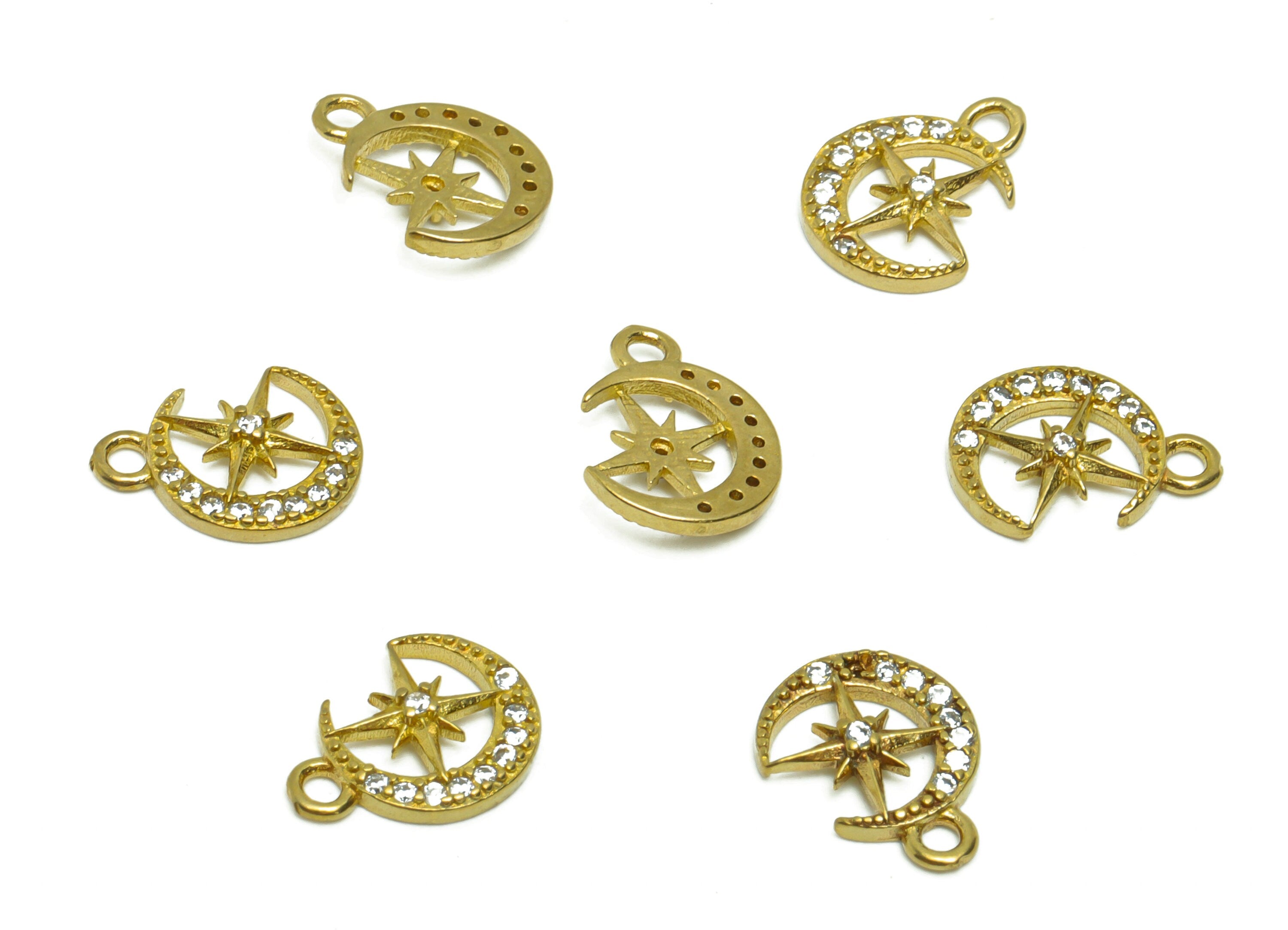 Brass Crescent Earring Charm - Raw Brass Star Pendant - Cubic Zircon North Star Earring Charm - Cubic Moon Charm - 12.08x9.02x2mm - PP8819 - DOMEDBAZAAR