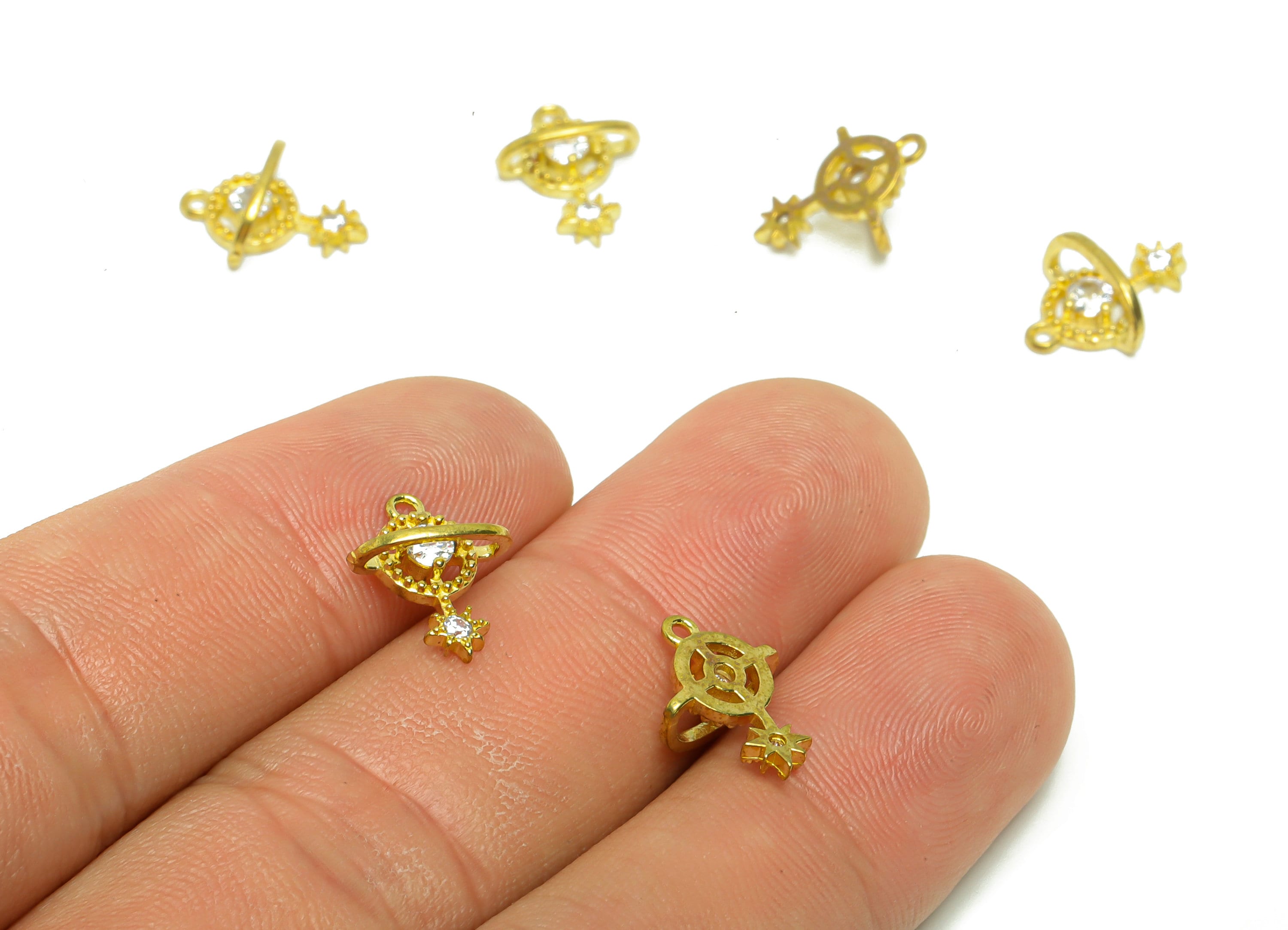 Brass Star Earring Charm - Raw Brass Planet Pendant - Cubic Zircon North Star Earring Charm - Brass Cubic Space Charm - 12.48x10x5mm- PP8807 - DOMEDBAZAAR