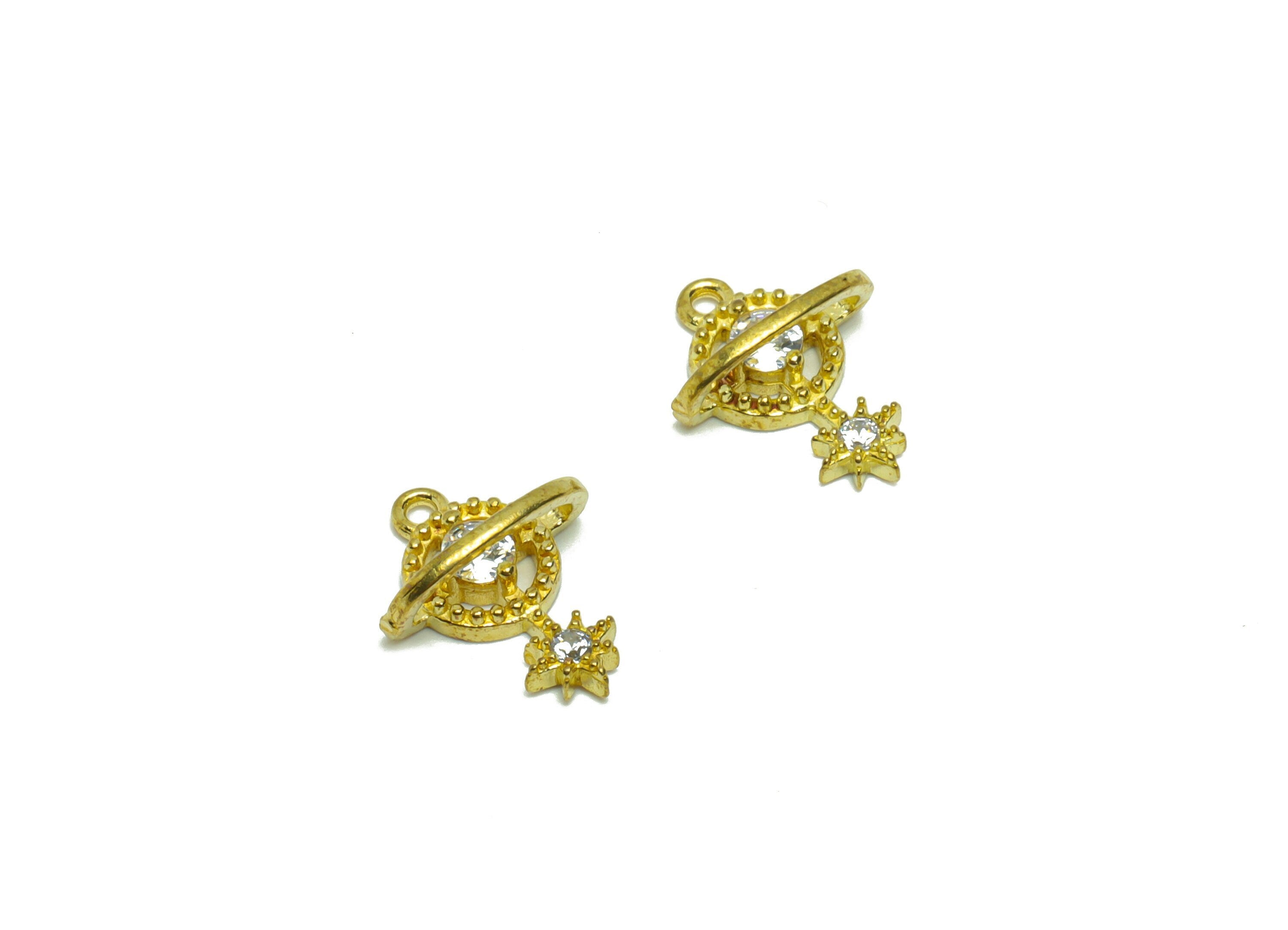 Brass Star Earring Charm - Raw Brass Planet Pendant - Cubic Zircon North Star Earring Charm - Brass Cubic Space Charm - 12.48x10x5mm- PP8807 - DOMEDBAZAAR
