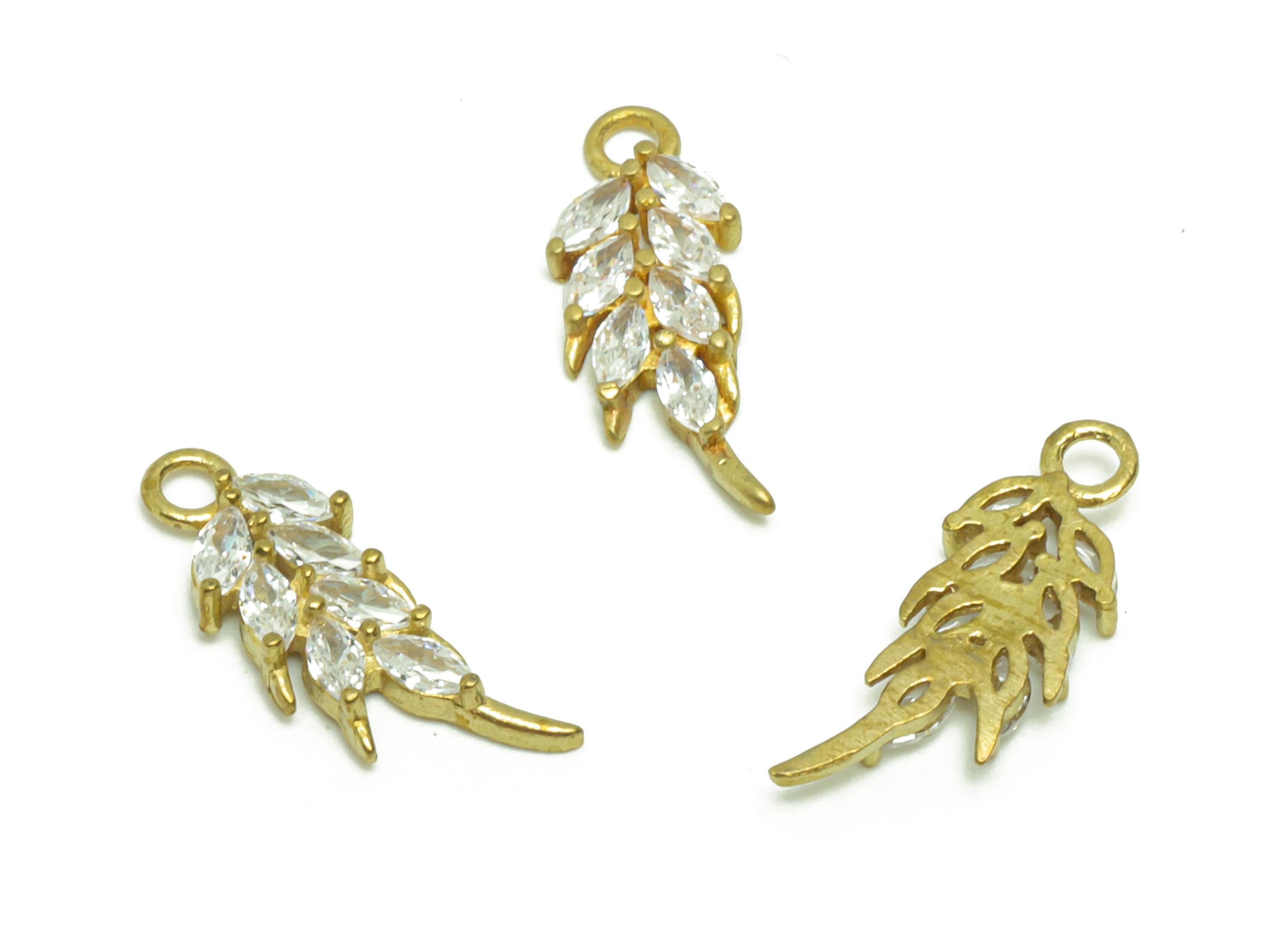 Brass Leaf Earring Charm - Raw Brass Ears of Wheat Pendant - Cubic Zircon Branch Earring Charm - Cubic Botanical Charm - 14.86x5x1mm- PP8833 - DOMEDBAZAAR