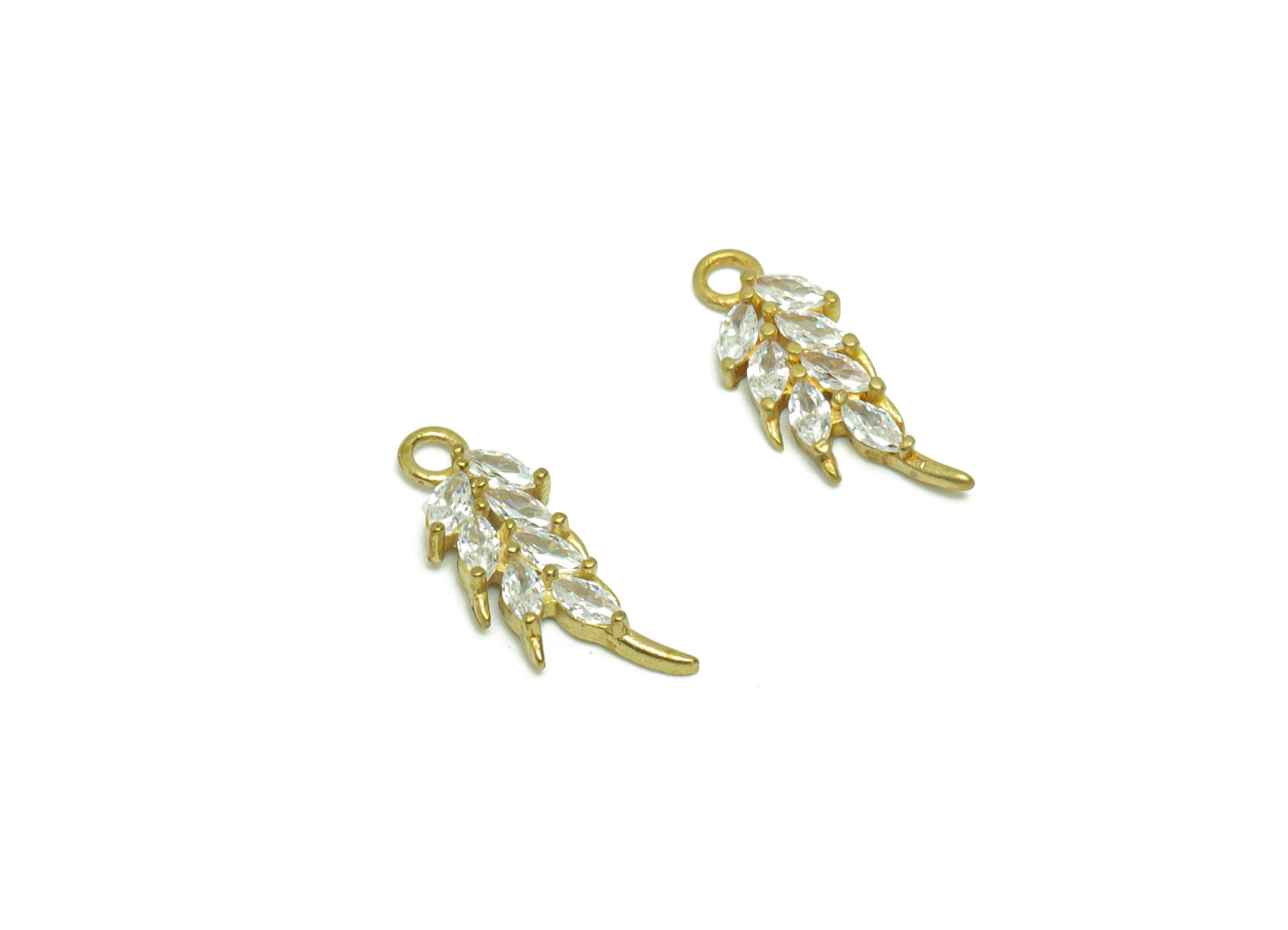 Brass Leaf Earring Charm - Raw Brass Ears of Wheat Pendant - Cubic Zircon Branch Earring Charm - Cubic Botanical Charm - 14.86x5x1mm- PP8833 - DOMEDBAZAAR