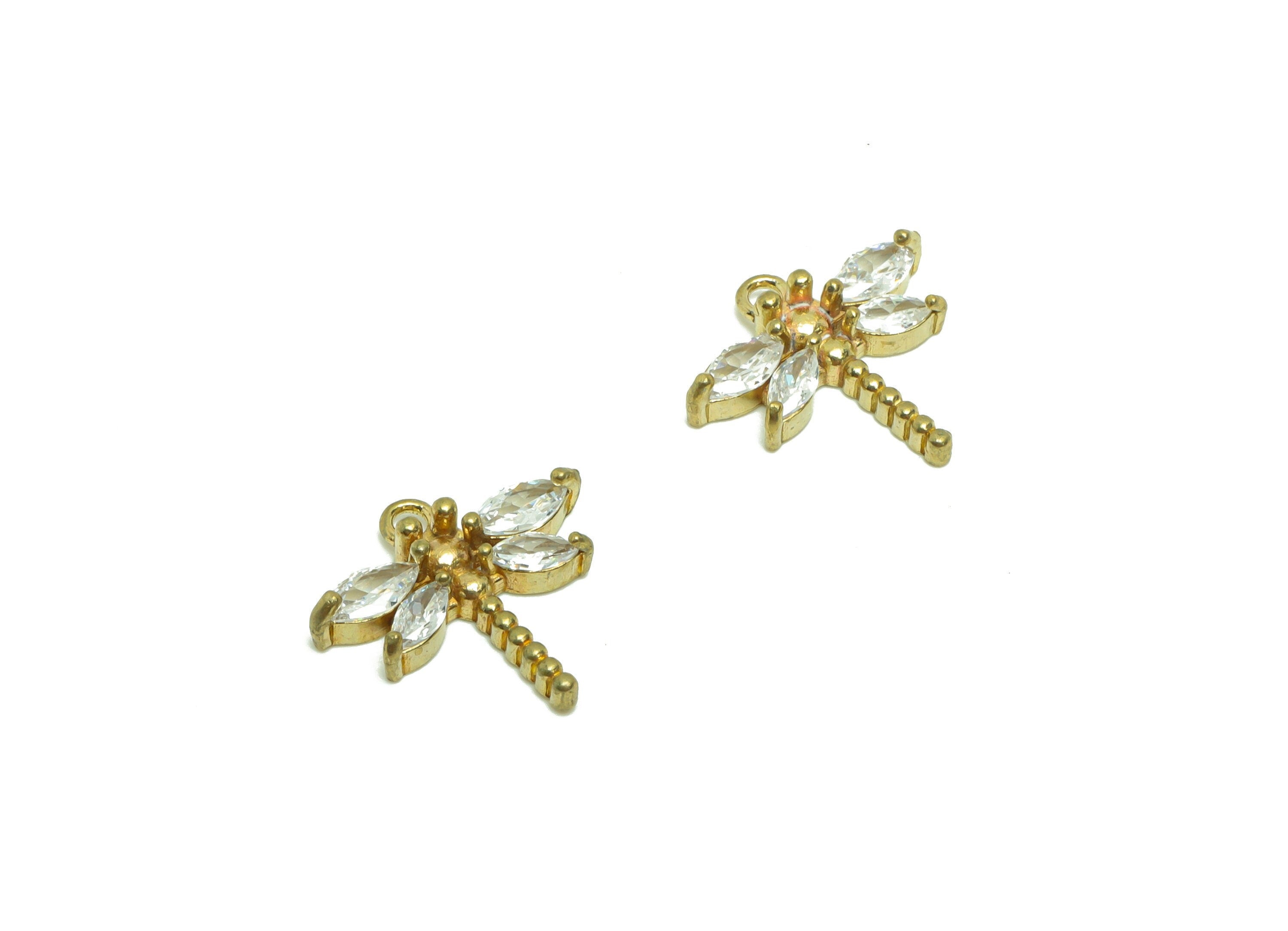 Brass Dragonfly Earring Charm - Raw Brass Dragonfly Pendant - Cubic Zircon Animal Earring Charm - Cubic Dragonfly Charm - 13x14x3mm- PP8807 - DOMEDBAZAAR