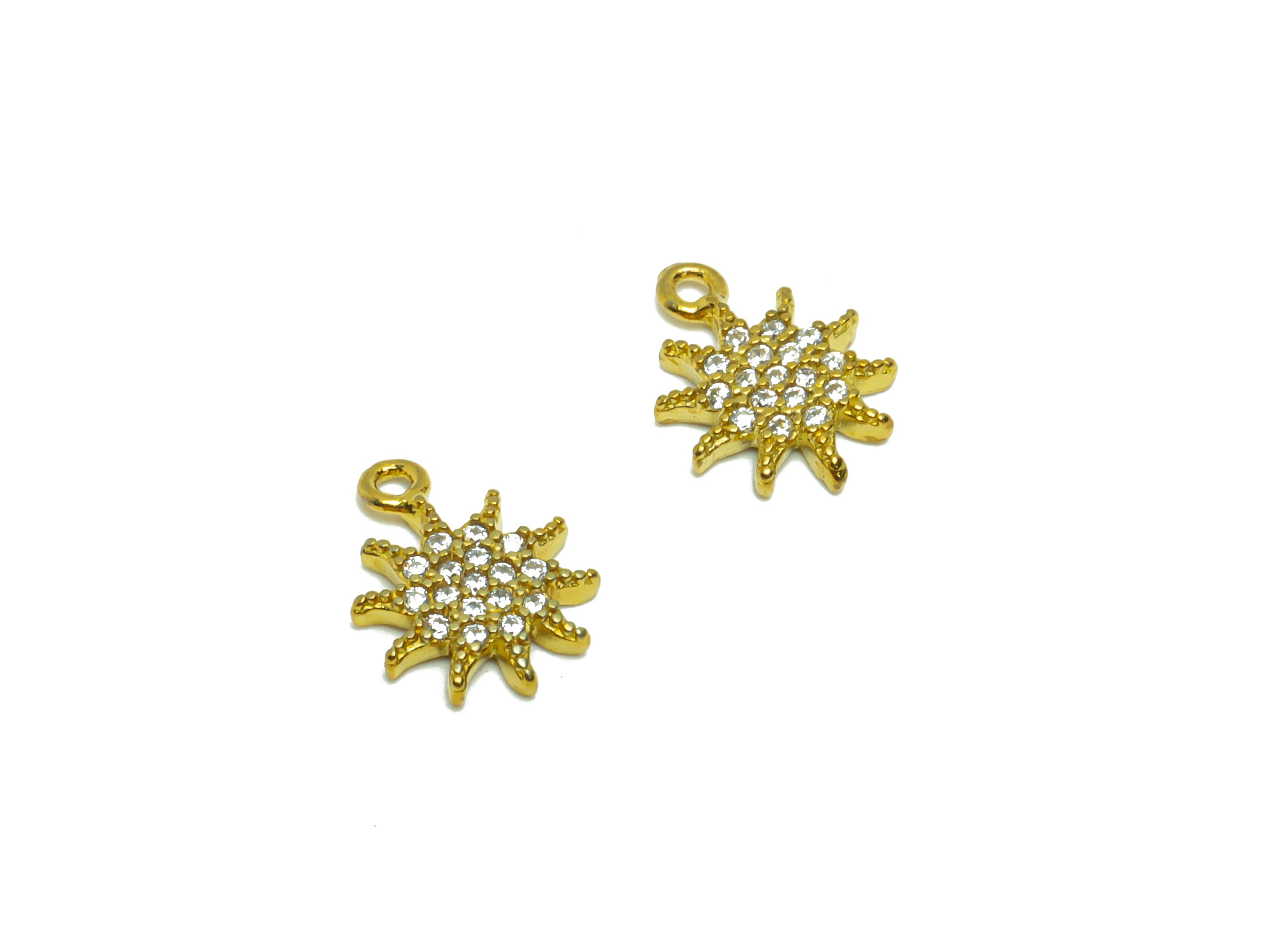 Brass Flower Earring Charm - Raw Brass Sunshine Pendant - Cubic Zircon Sun Earring Charm - Mini Bracelet Charm - 11.51x8.75x1.77mm- PP8797 - DOMEDBAZAAR