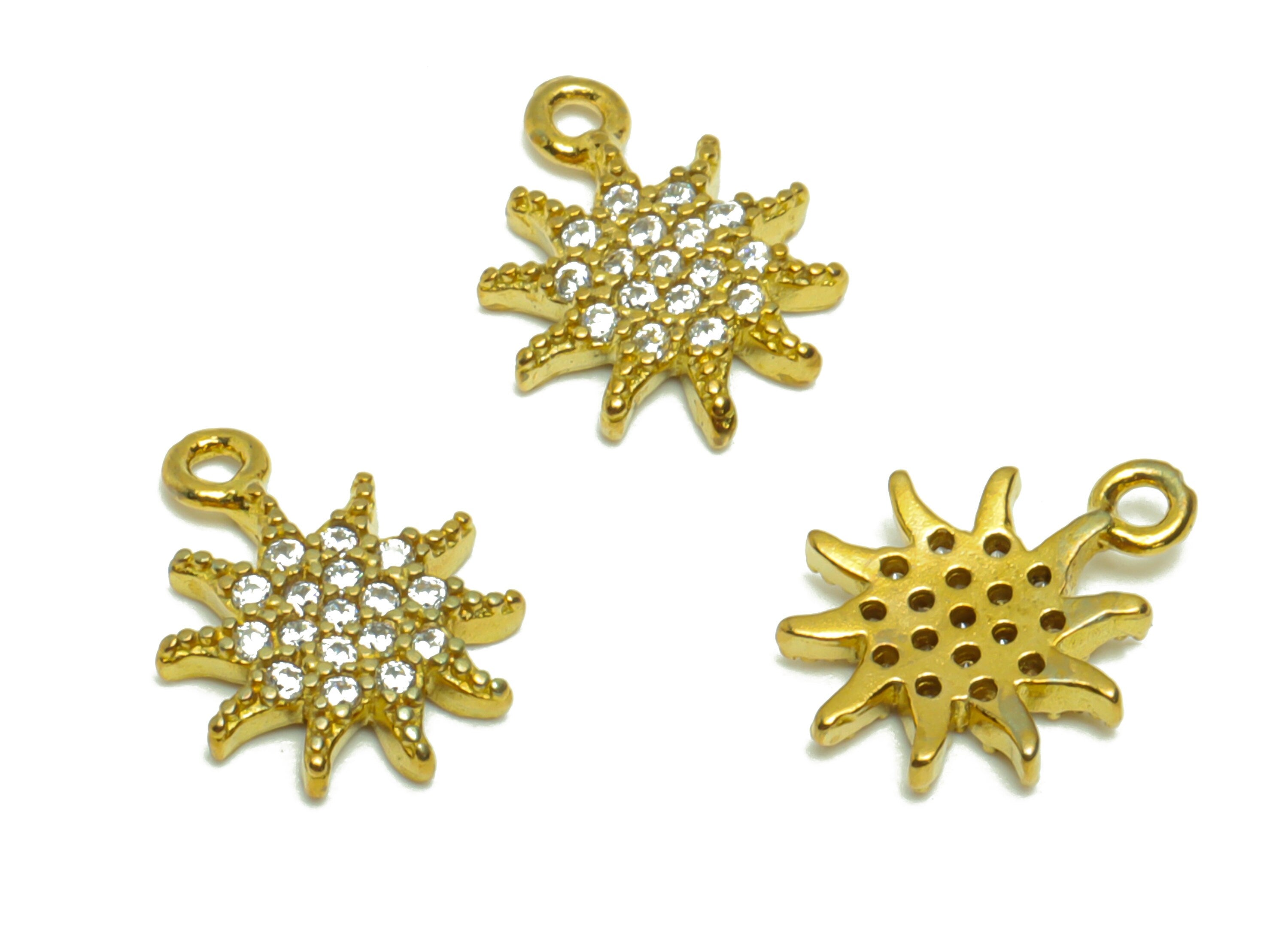 Brass Flower Earring Charm - Raw Brass Sunshine Pendant - Cubic Zircon Sun Earring Charm - Mini Bracelet Charm - 11.51x8.75x1.77mm- PP8797 - DOMEDBAZAAR