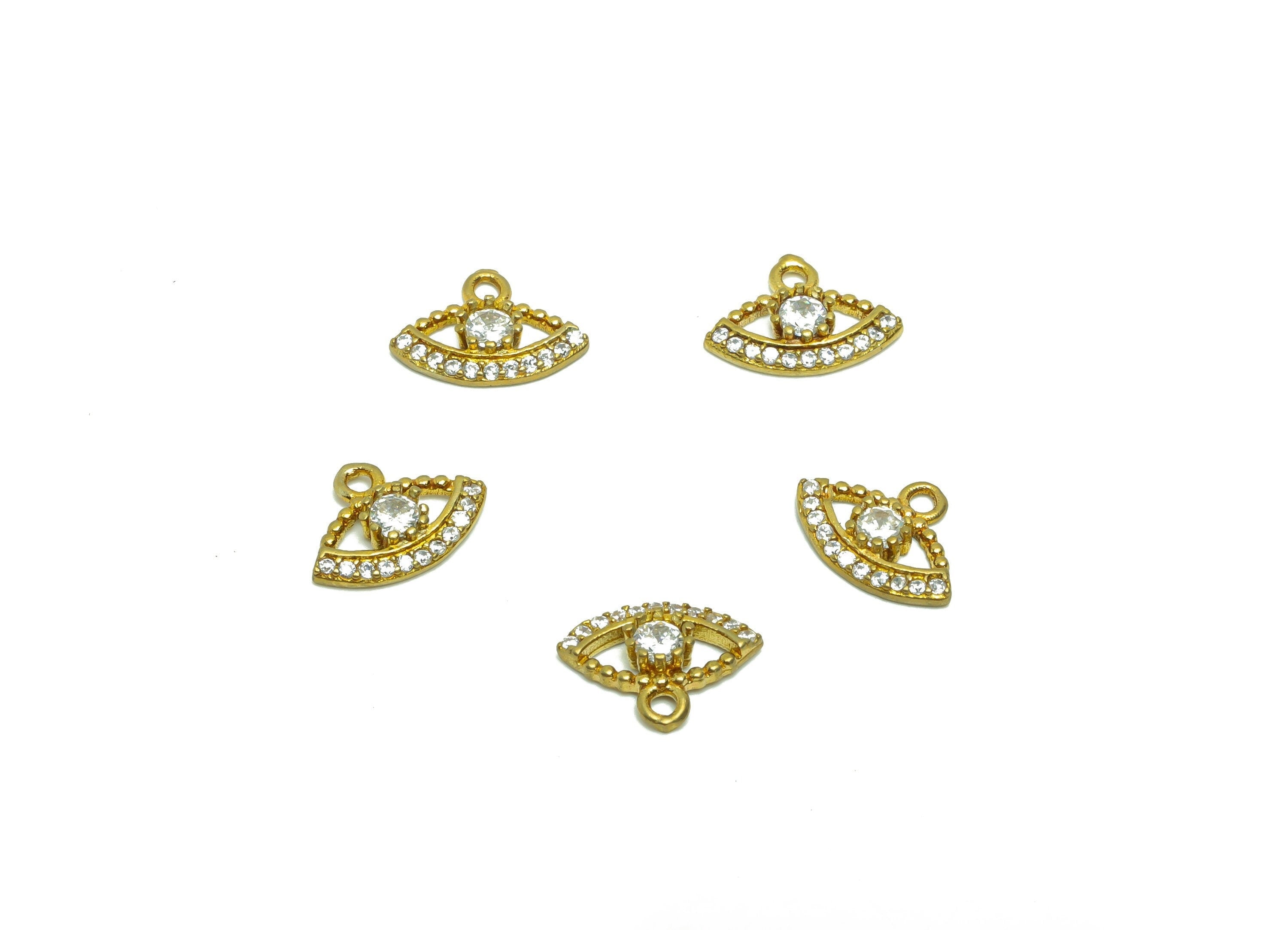 Brass Eye Earring Charm - Raw Brass Mini Eye Pendant - Cubic Zircon Eye Earring Charm - Mini Eye Bracelet Charm - 8.35x11.39x2.22mm - PP8799 - DOMEDBAZAAR
