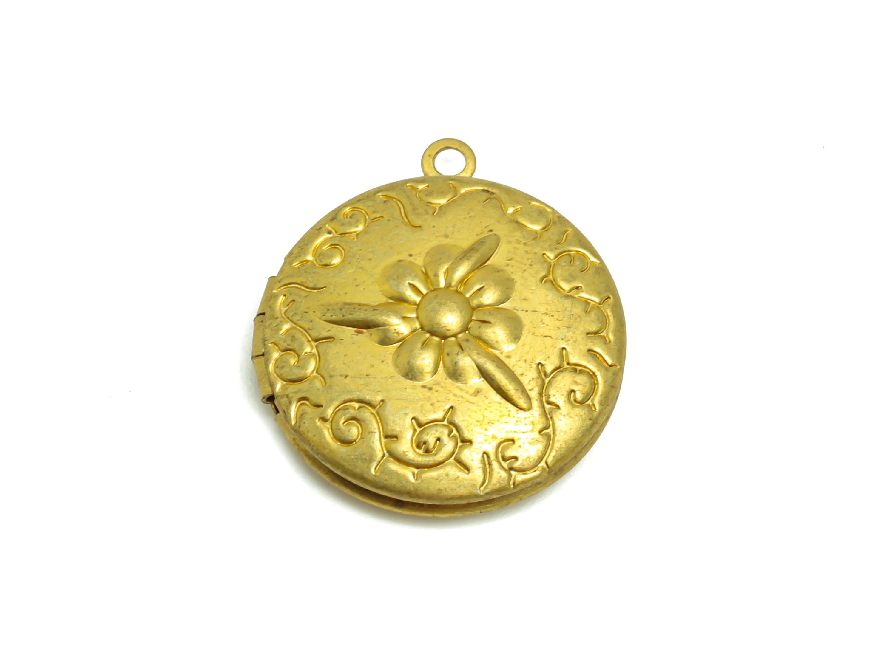 Brass Round Locket Charm - Raw Brass Flower Circle Locket Charms - Antique Looking Locket - Vintage Looking Locket - 22x20x6.49mm - PP8927 - DOMEDBAZAAR