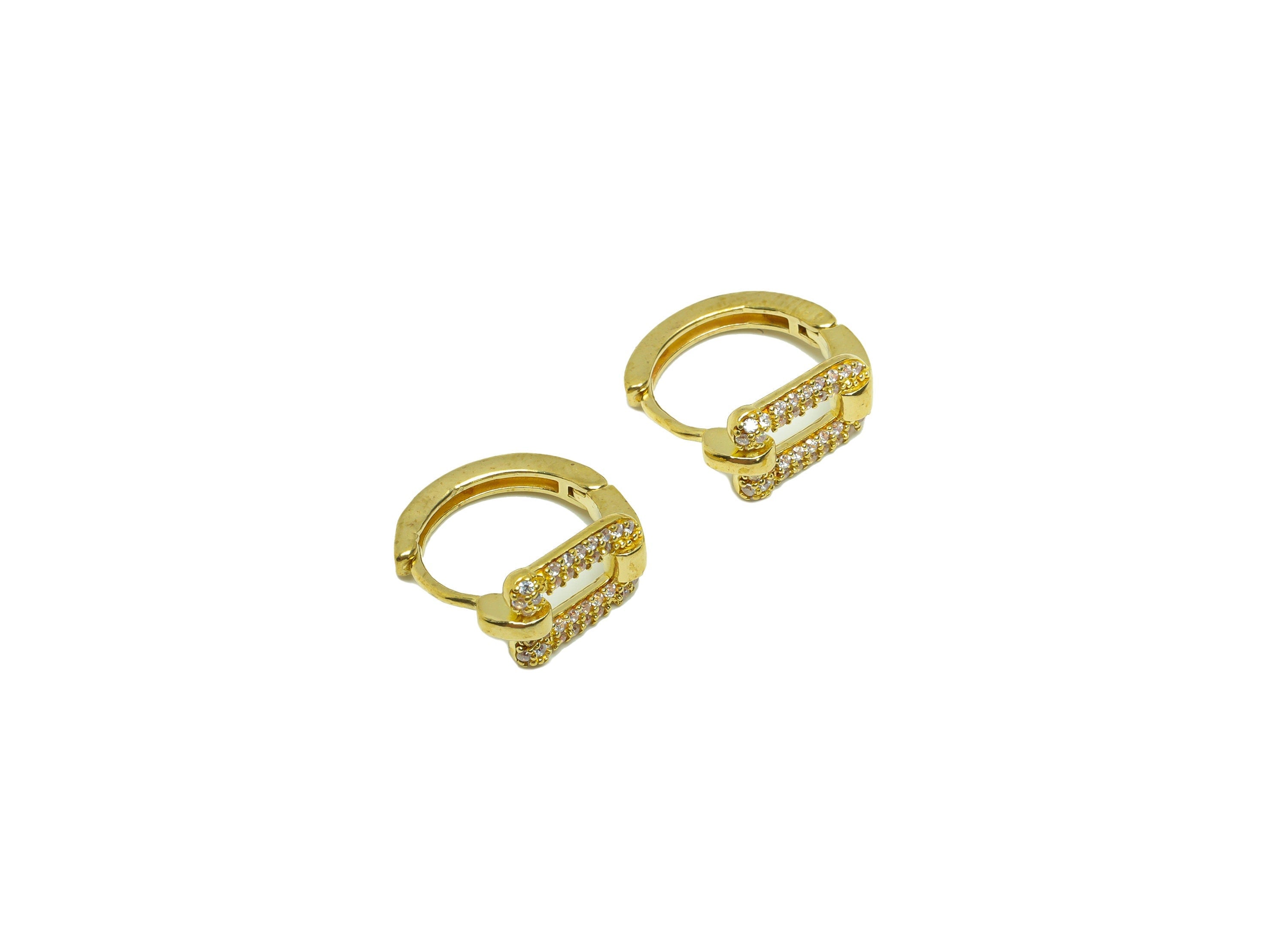 Rectangle Huggie Hoop Earring - Dainty Zircon Huggies with Open Ring - Raw Brass Clasp Hoop Earring - 15.9x15.19x7mm - PP8815 - DOMEDBAZAAR