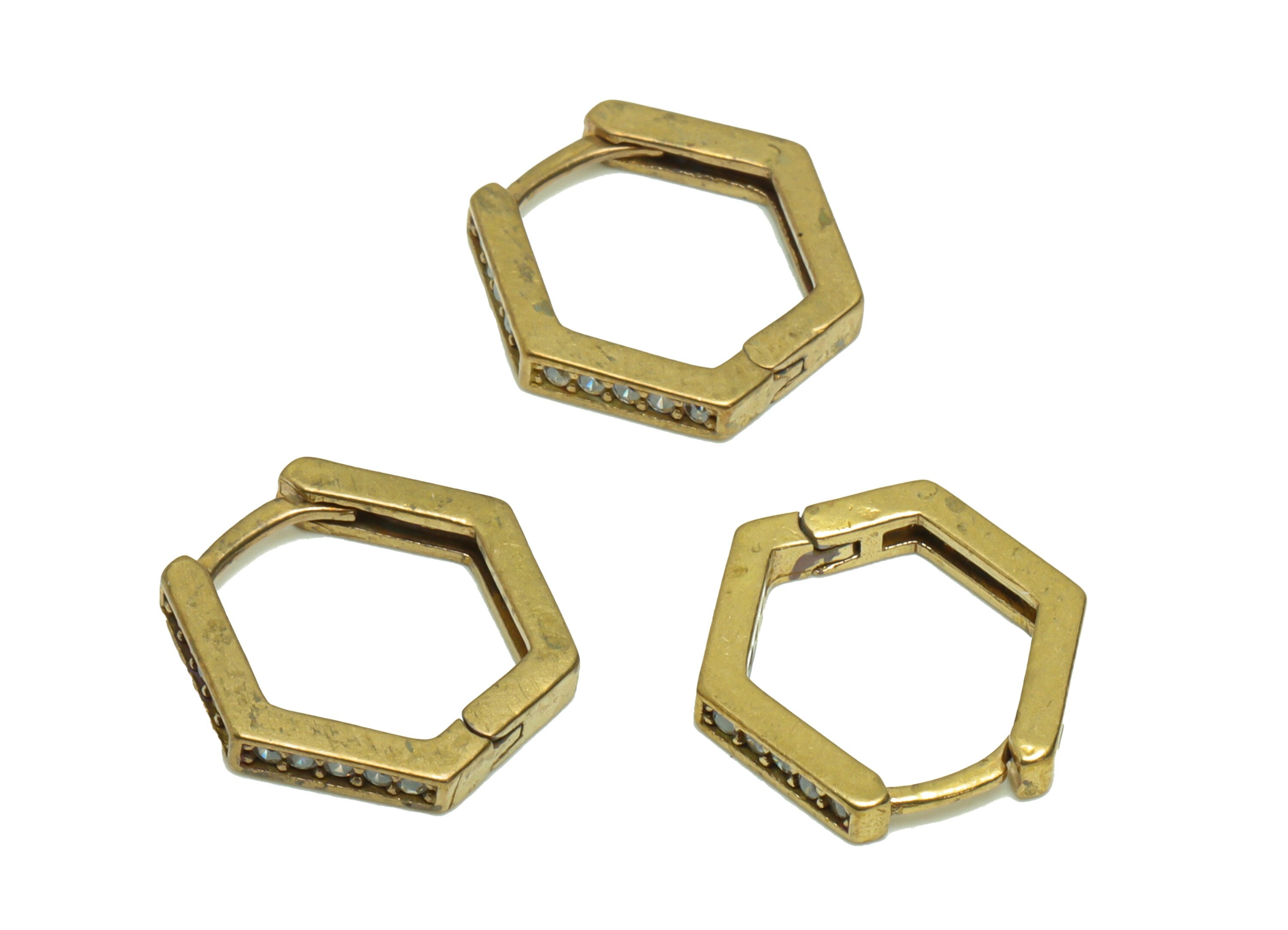 Hexagon Huggie Hoop Earring - Zircon Huggies with Open Ring - Brass Clasp Hoop Earring - Raw Brass Zirconia Hoop Clasp - 13x12x2mm- PP8663 - DOMEDBAZAAR