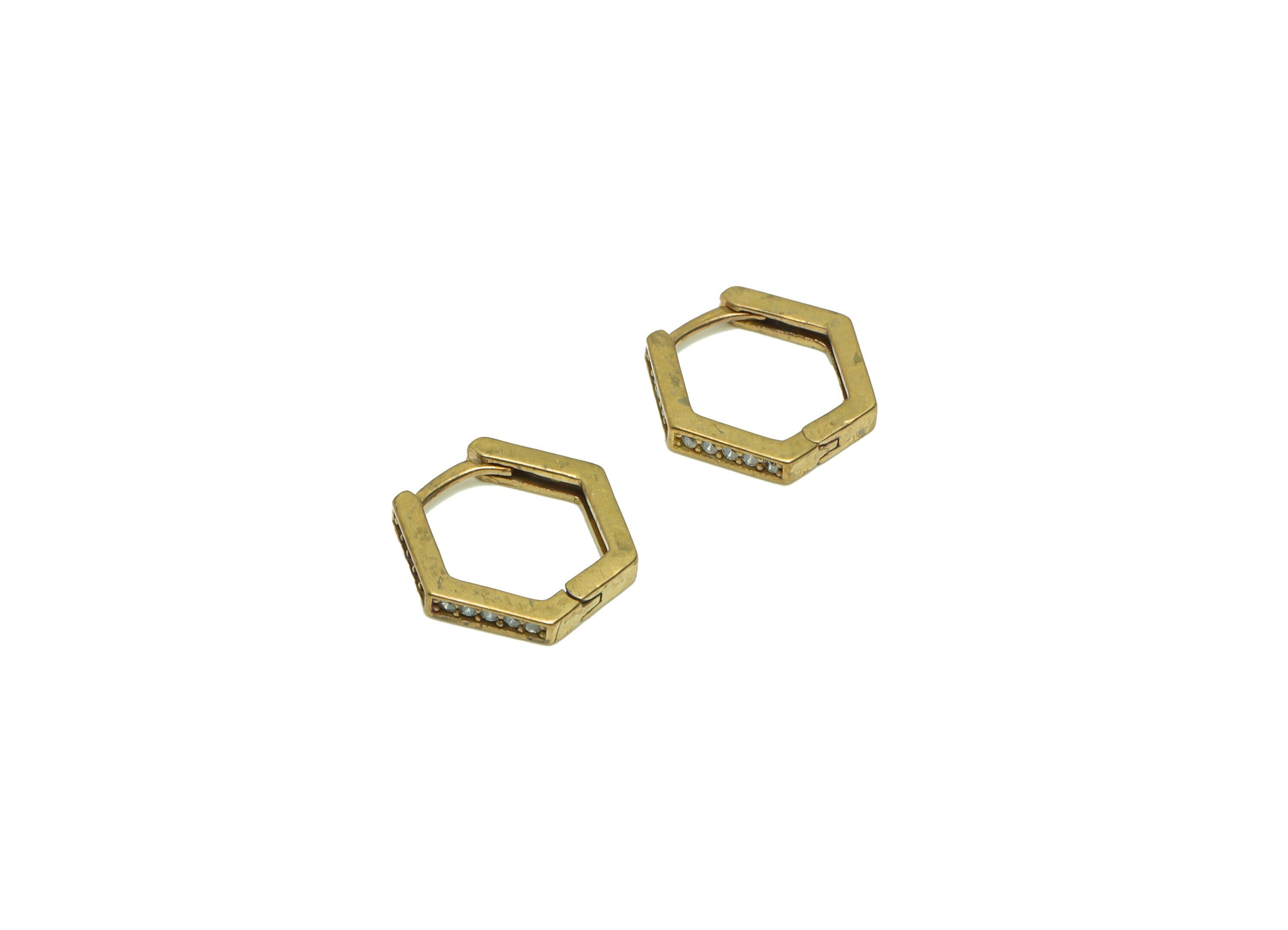 Hexagon Huggie Hoop Earring - Zircon Huggies with Open Ring - Brass Clasp Hoop Earring - Raw Brass Zirconia Hoop Clasp - 13x12x2mm- PP8663 - DOMEDBAZAAR