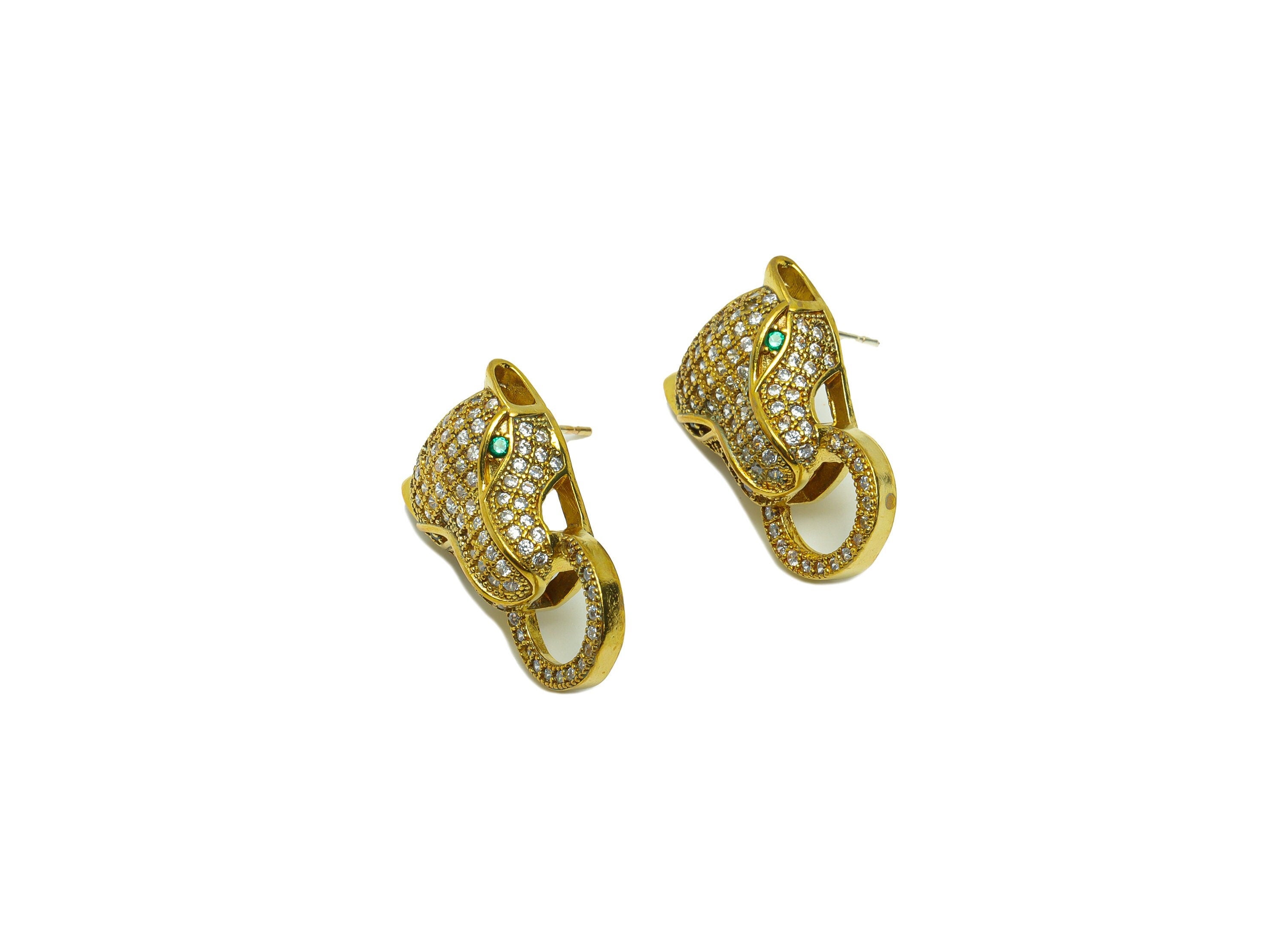 Brass Leopard Earring Stud - Raw Brass Tiger Post - Cubic Zircon Jaguar Earring Post - Zircon Circle Earring Post - 23x14x0.7mm - PP8813 - DOMEDBAZAAR