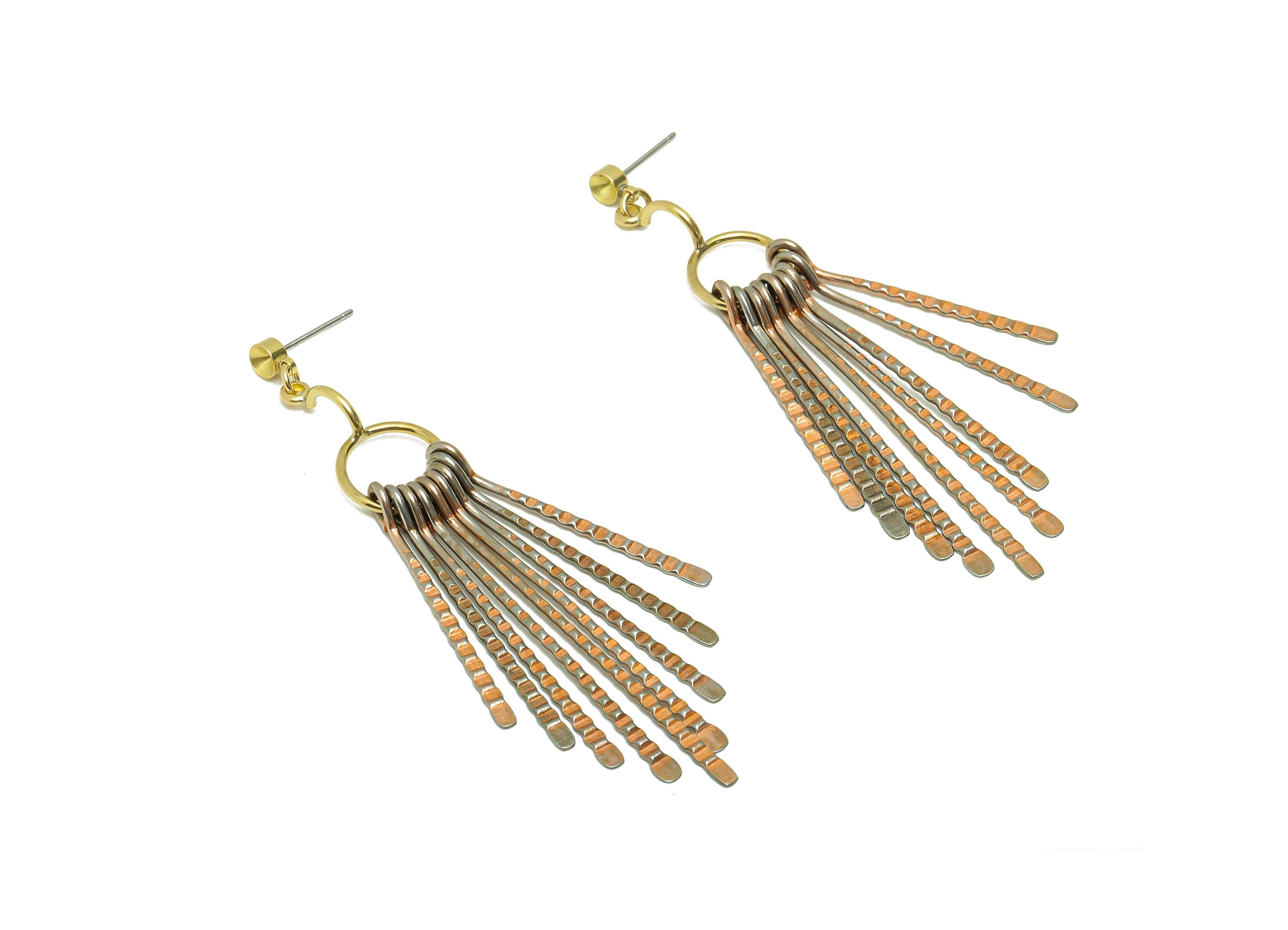 Textured Wires Tassel Earring - Iron Hammered 9 Brass Wires Post - Textured Hang Wires Stud - Stud For Diamond - 74.04x12.09x1.20mm- PP8898 - DOMEDBAZAAR
