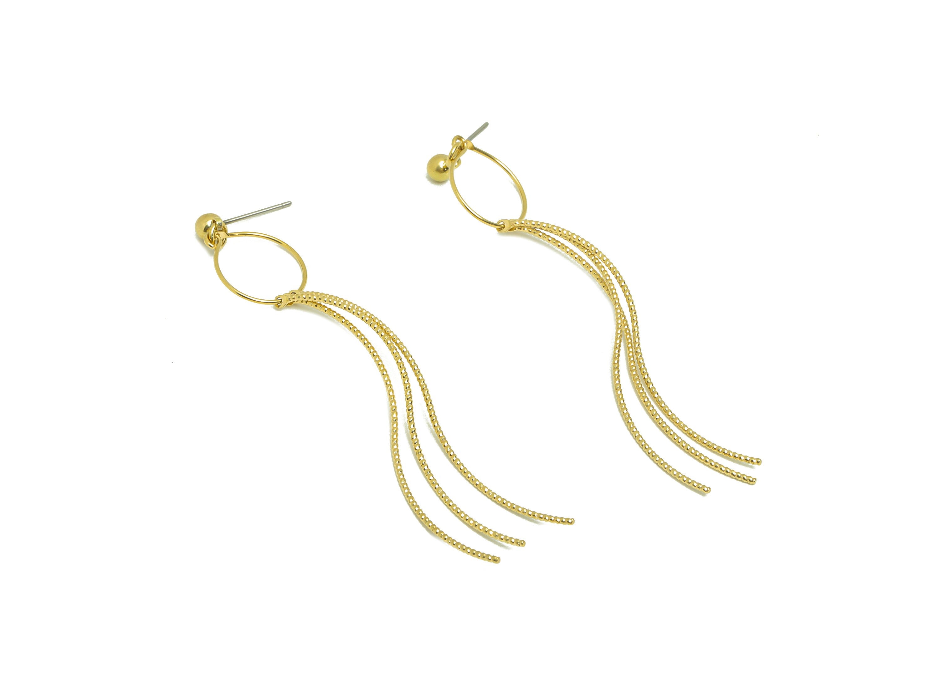 Textured Wires Tassel Earring - Brass Textured 3 Wires Post - Wavy Hang Wires Tassel Earring Stud  - Bend Brass Wire - 71x12x1mm- PP8893 - DOMEDBAZAAR
