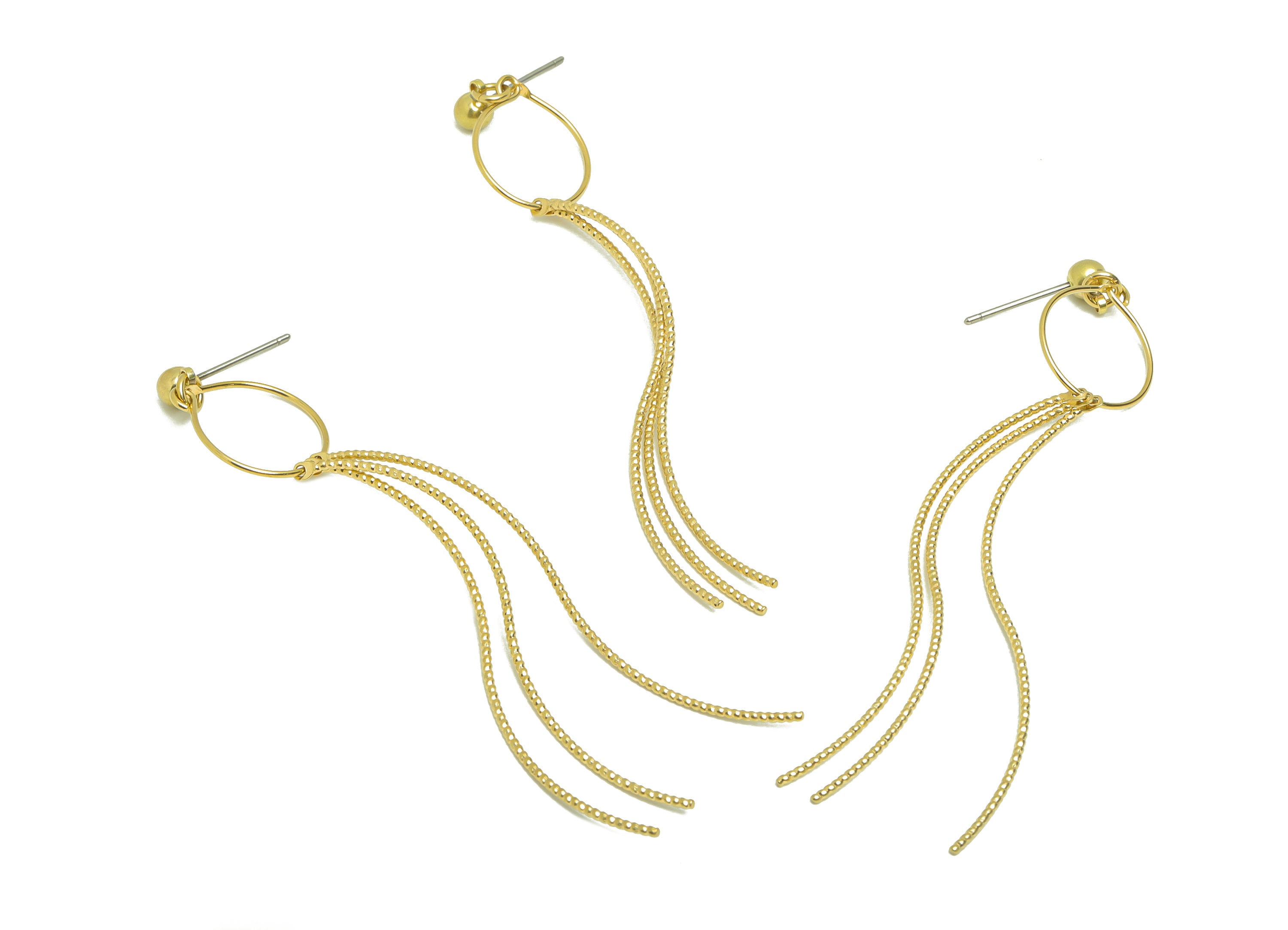 Textured Wires Tassel Earring - Brass Textured 3 Wires Post - Wavy Hang Wires Tassel Earring Stud  - Bend Brass Wire - 71x12x1mm- PP8893 - DOMEDBAZAAR