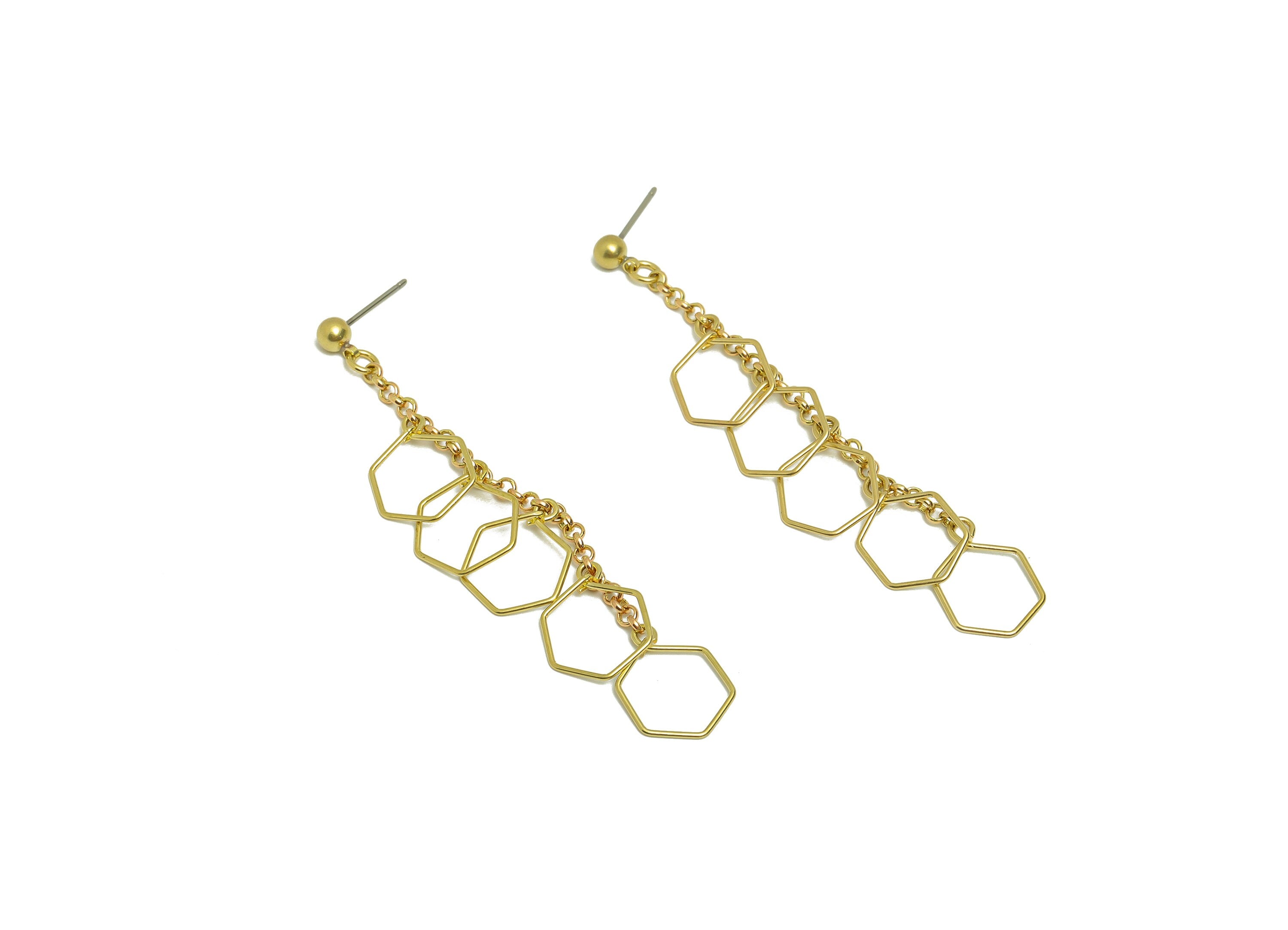 Brass Dangle Tassel Earring - Brass Chain Tassel Earring Stud - Brass 5 Hexagon Chain Earring Post - Ball Earring Post - 66x12x0.6mm- PP8884 - DOMEDBAZAAR
