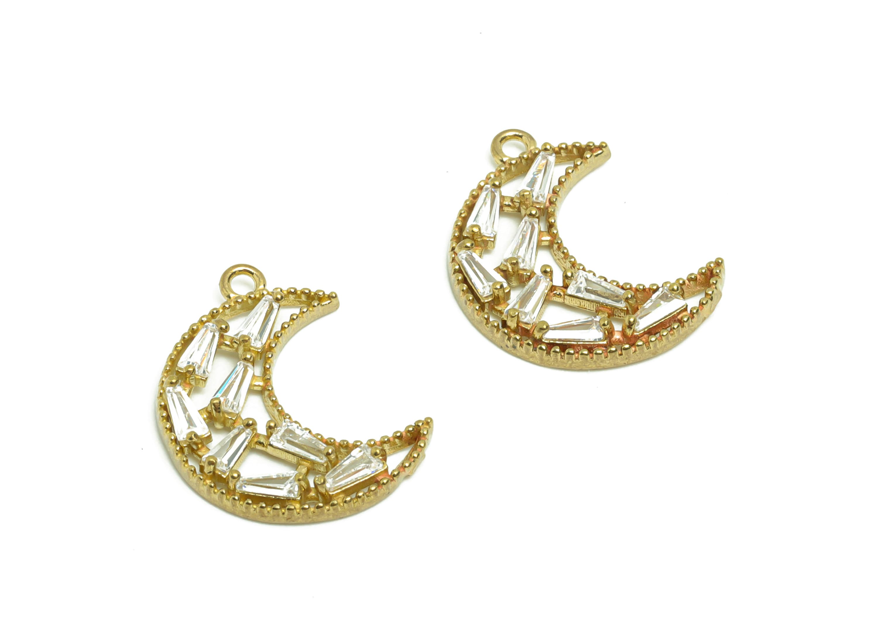 Brass Crescent Earring Charm - Raw Brass Moon Zircon Pendant - Brass Trapezoid Zircon Charm - jewelry supplies - 19.77x14.86x2.8mm- PP8950 - DOMEDBAZAAR