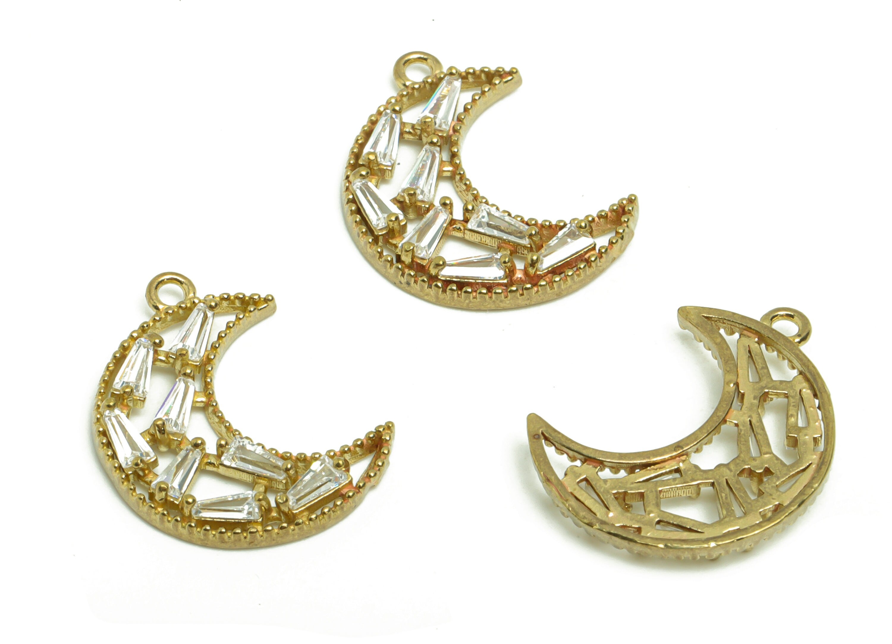 Brass Crescent Earring Charm - Raw Brass Moon Zircon Pendant - Brass Trapezoid Zircon Charm - jewelry supplies - 19.77x14.86x2.8mm- PP8950 - DOMEDBAZAAR