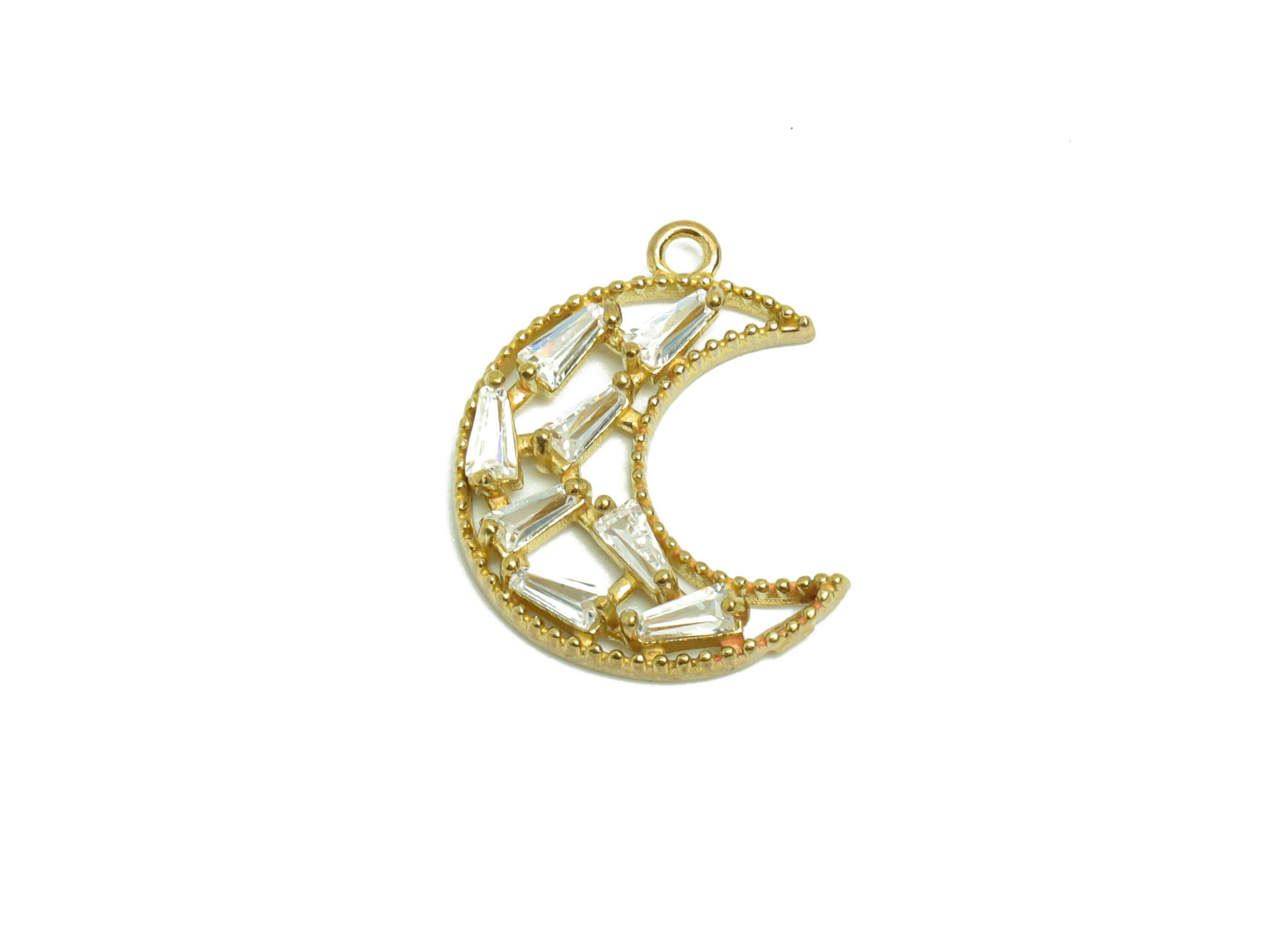 Brass Crescent Earring Charm - Raw Brass Moon Zircon Pendant - Brass Trapezoid Zircon Charm - jewelry supplies - 19.77x14.86x2.8mm- PP8950 - DOMEDBAZAAR