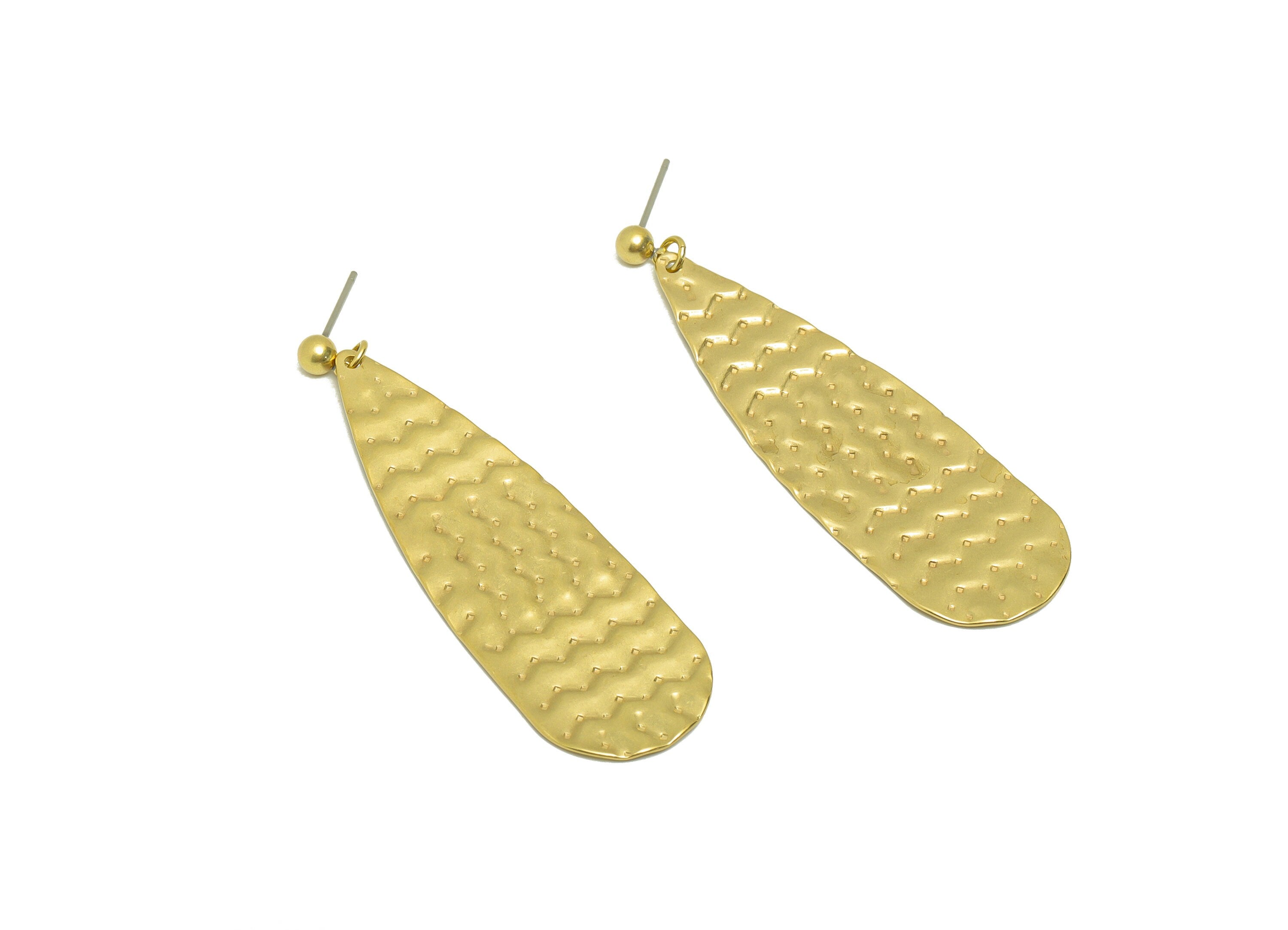 Hammered Dorp Earring - Brass Wavy Teardrop Earring Stud - Brass Hammered Line Post - Teardrop Earring Post - 60.3x18.6x0.92mm -PP8867 - DOMEDBAZAAR
