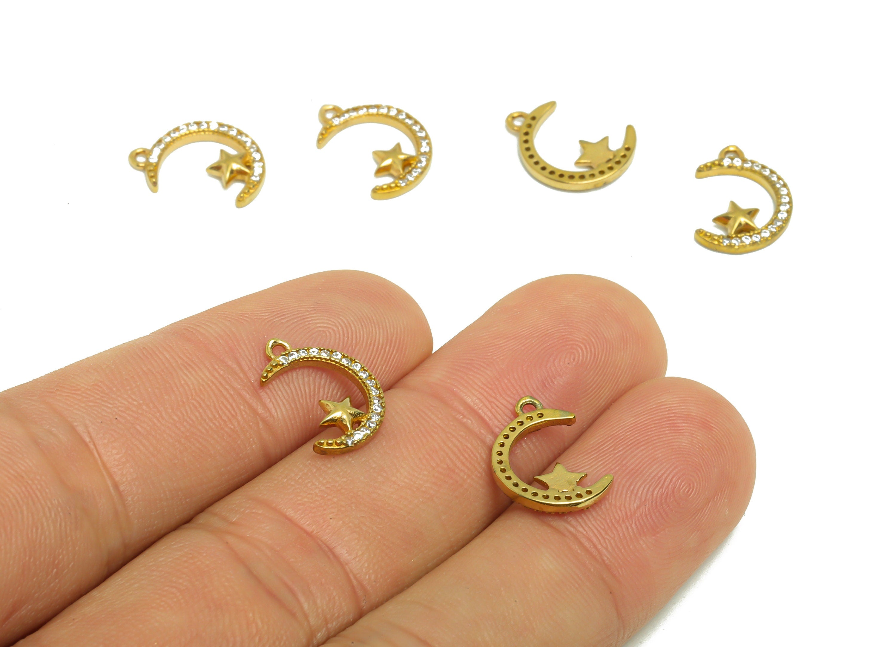 Brass Crescent Earring Charm - Raw Brass Moon Pendant - Brass Star Cubic Zircon Charm - Jewelry Supplies - 14.15x9.8x1.56mm- PP8952 - DOMEDBAZAAR