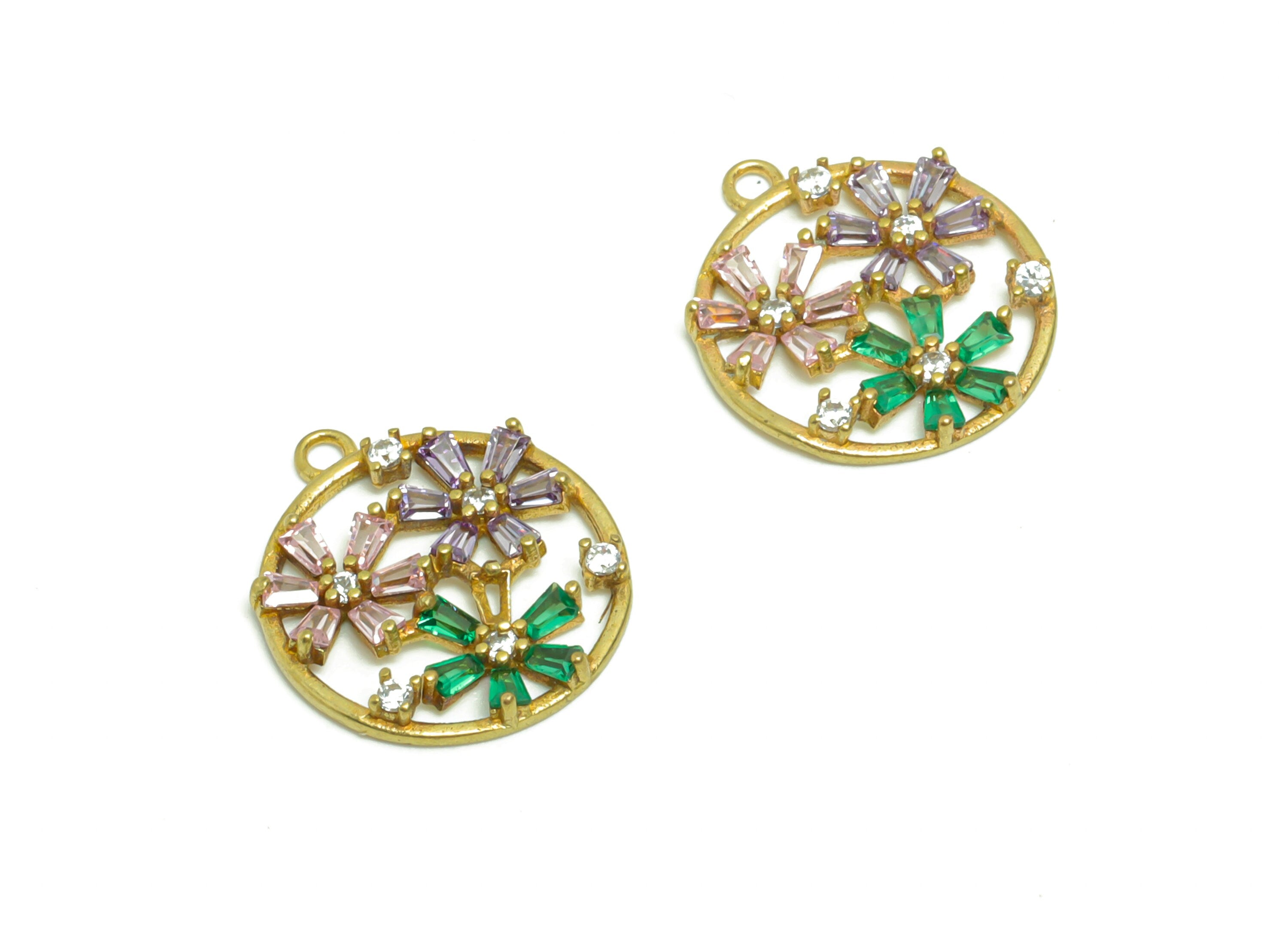 Brass Flower Earring Charm - Raw Brass Green Flower Zircon Pendant - Brass Round Botanical Zircon Charm - Jewelry Supplies -15x13x2mm-PP8960 - DOMEDBAZAAR