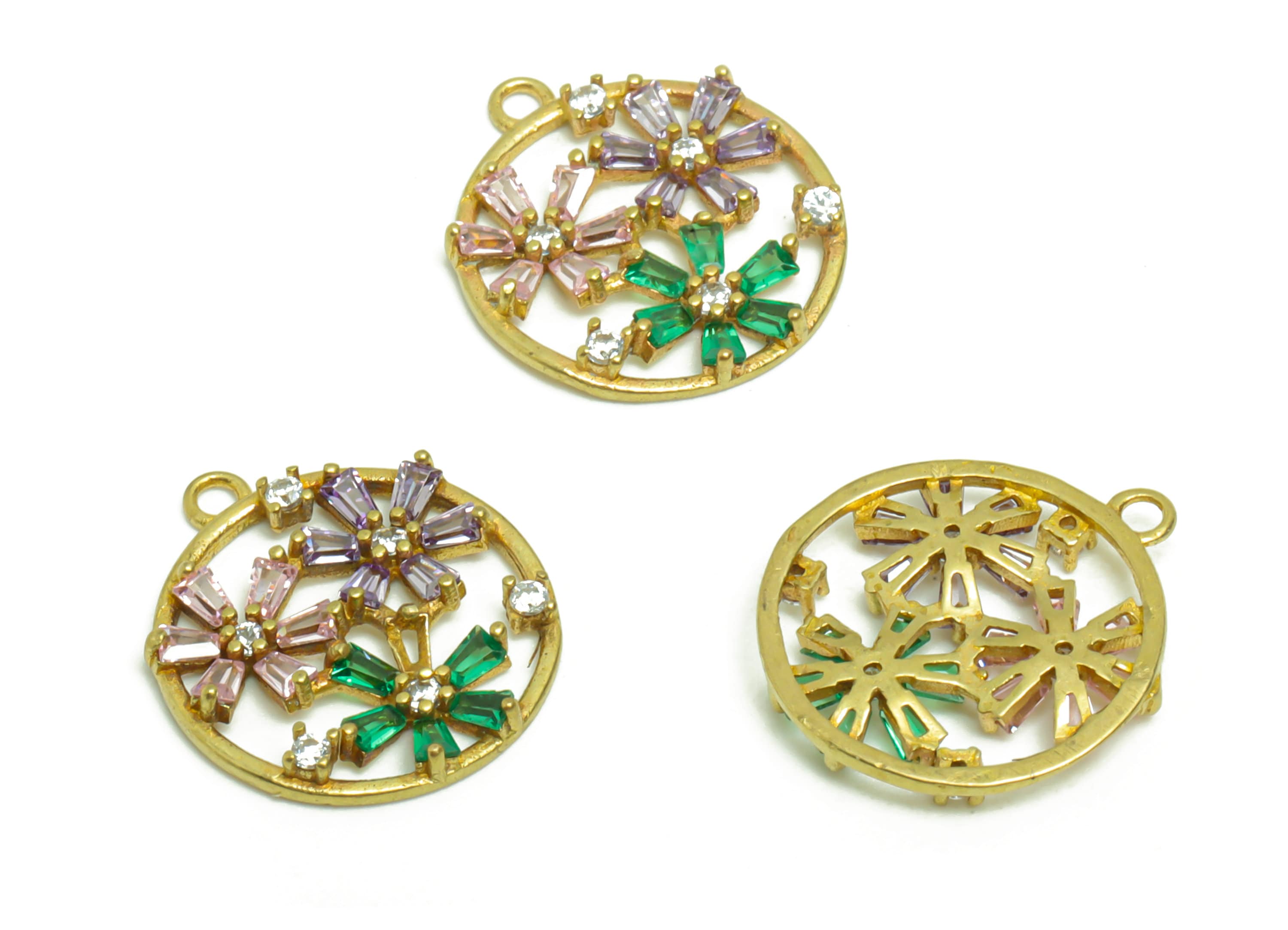Brass Flower Earring Charm - Raw Brass Green Flower Zircon Pendant - Brass Round Botanical Zircon Charm - Jewelry Supplies -15x13x2mm-PP8960 - DOMEDBAZAAR