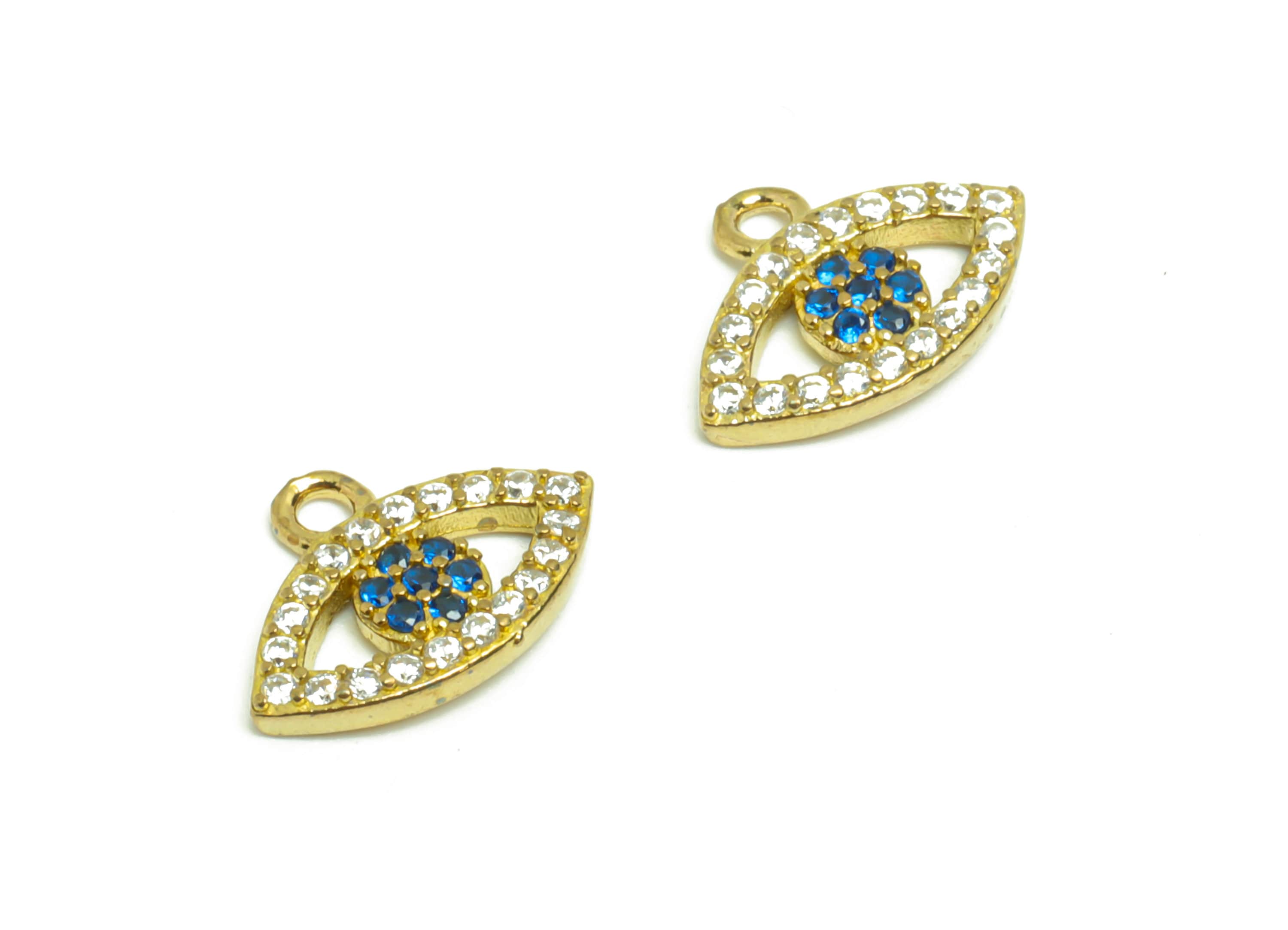 Brass Eye Earring Charm - Raw Brass Blue Eye Zircon Pendant - Brass Eye Zircon Charm - Jewelry Supplies - 12.72x9.5x1.83mm- PP8953 - DOMEDBAZAAR