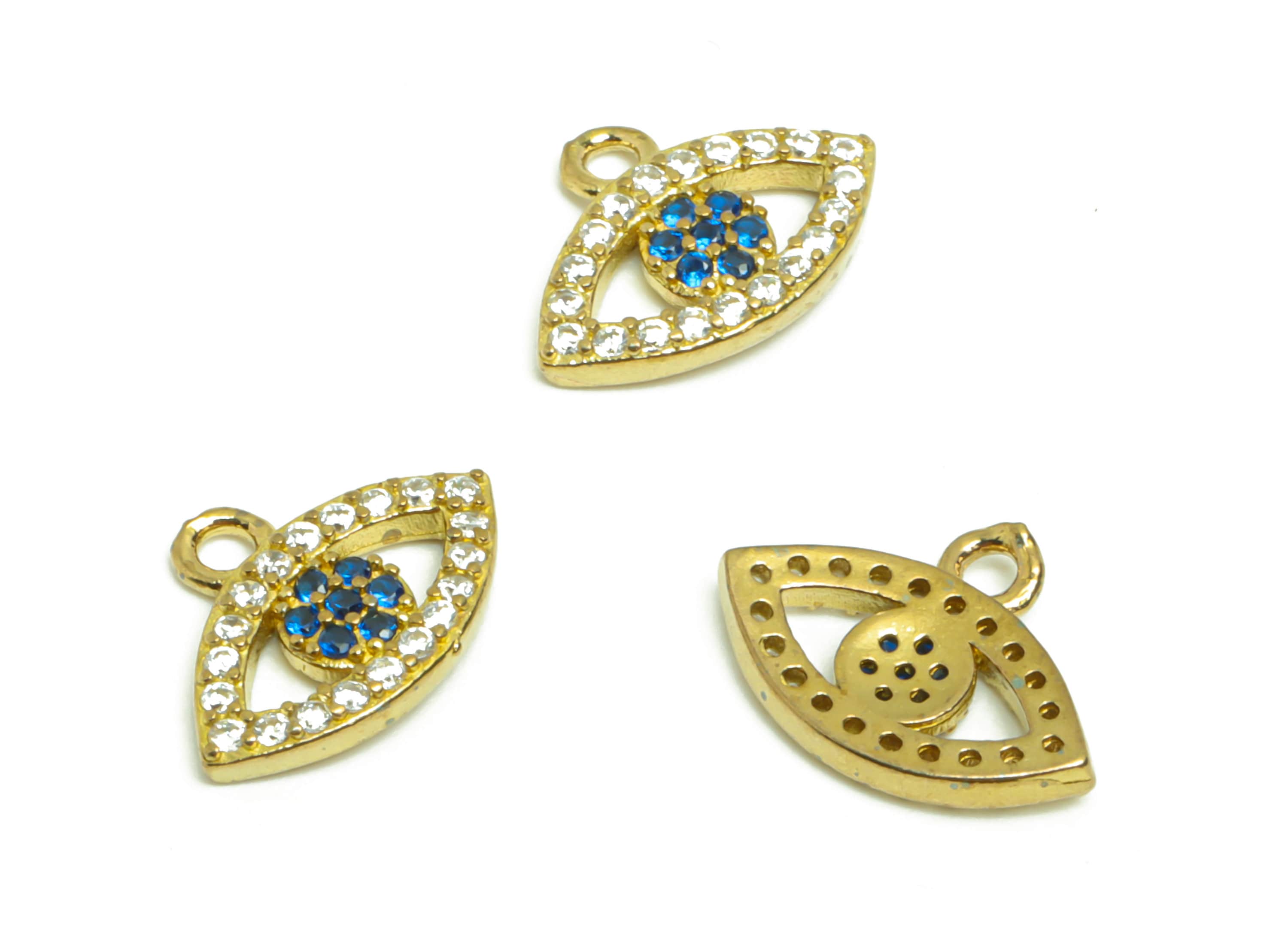 Brass Eye Earring Charm - Raw Brass Blue Eye Zircon Pendant - Brass Eye Zircon Charm - Jewelry Supplies - 12.72x9.5x1.83mm- PP8953 - DOMEDBAZAAR