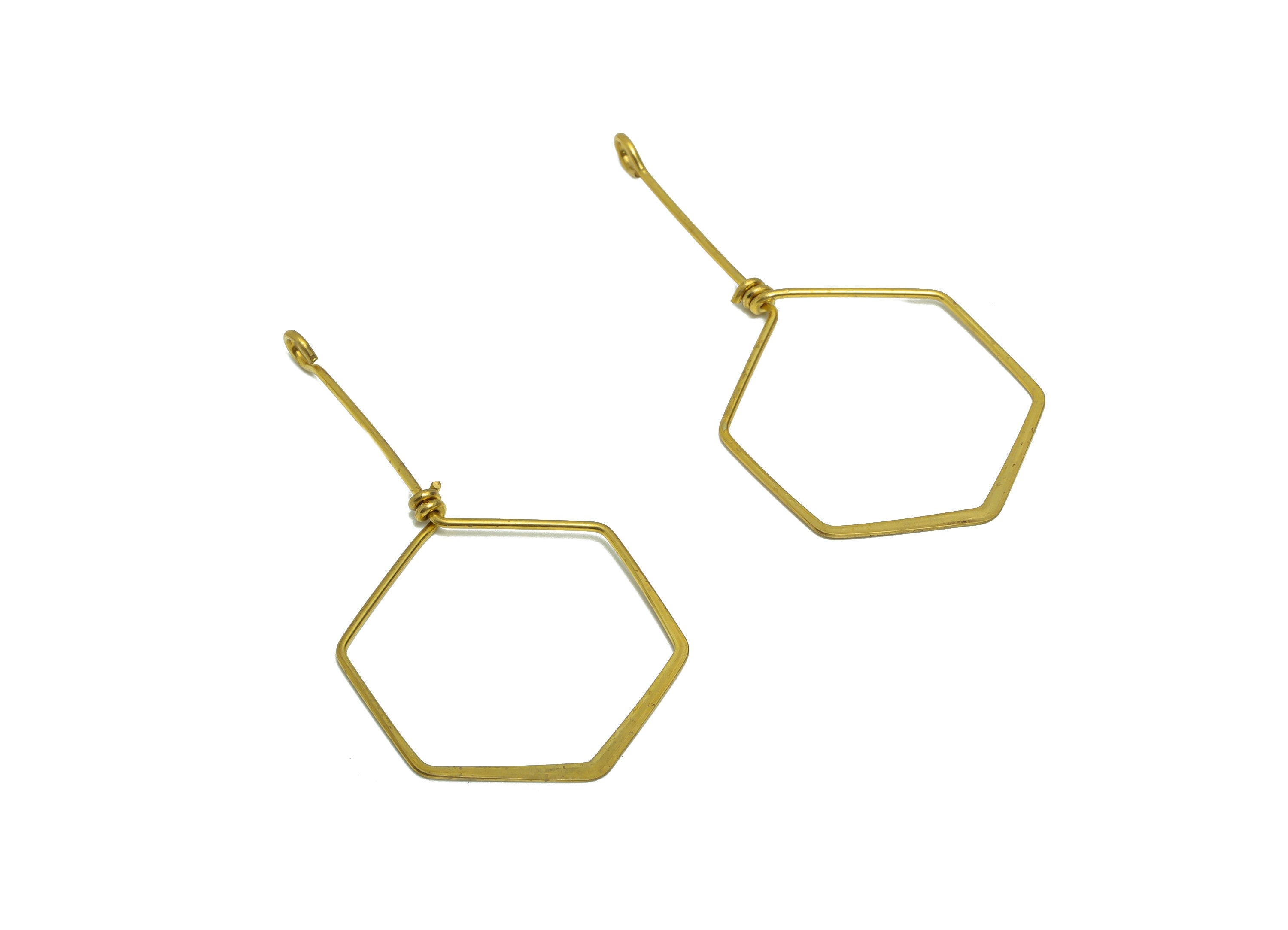Brass Wire Hexagon Earring Charm - Brass Hammered Wire Earring Charm - Brass Geometry Wire Earring Pendant - 59.36x30.38x0.9mm - PP9100 - DOMEDBAZAAR