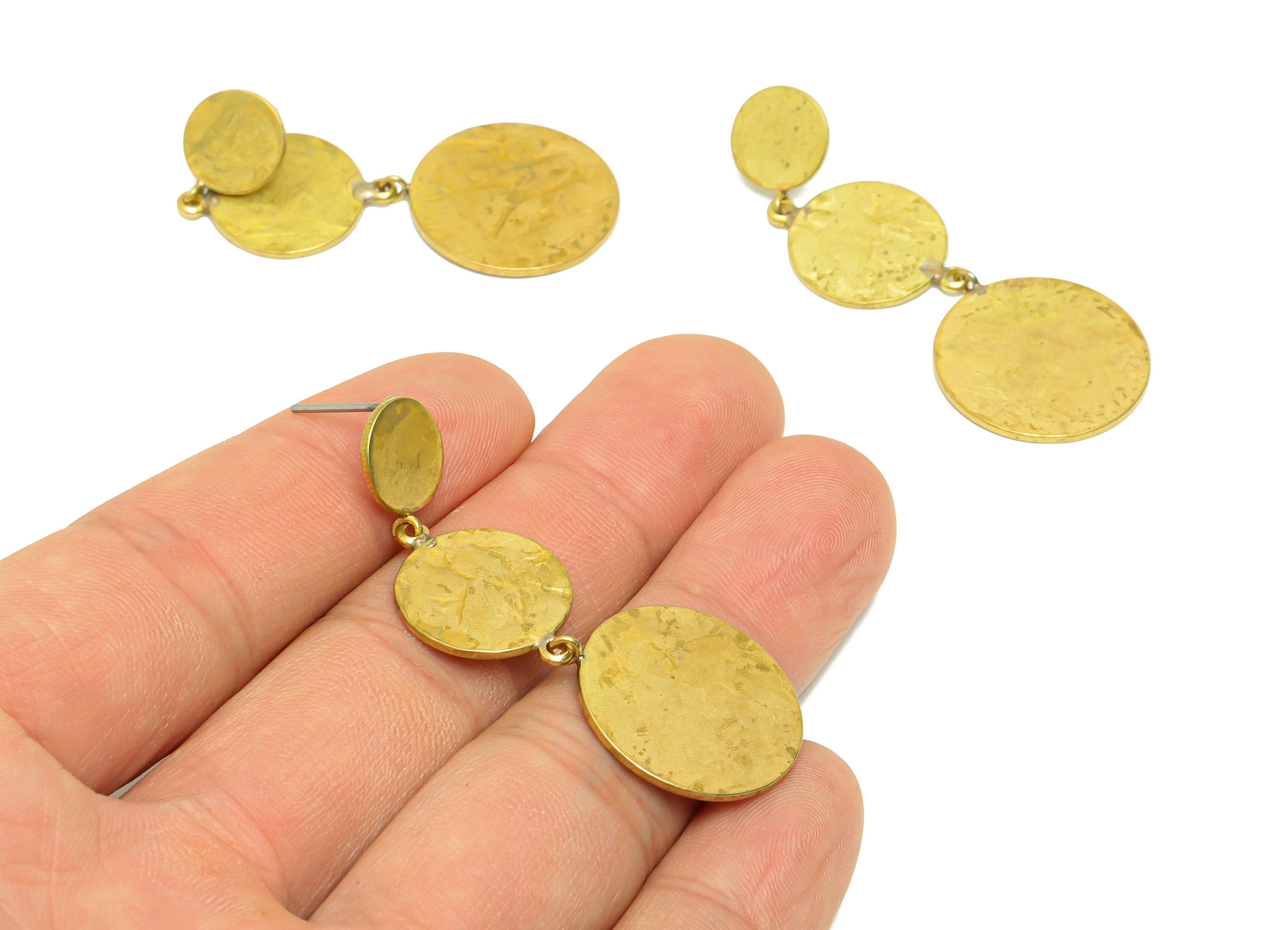 Brass Round Dangle Earring Post - Brass Hang Round Earring Stud - Brass Hammered Earring Post - Circle Earring Post - 53x19x1.03mm- PP9086 - DOMEDBAZAAR