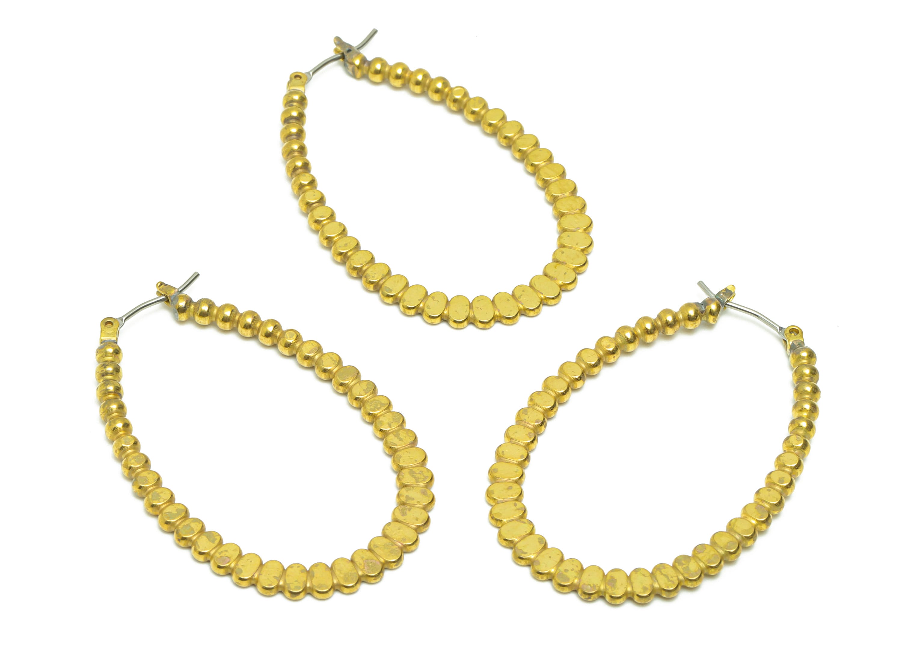 Drop Hoop Hinged Back Earring - Brass Oval Hammered Earring - Brass Beaded Hinged Back Earring - Hoop Clasp Earring - 45x29x2.97mm - PP9067 - DOMEDBAZAAR