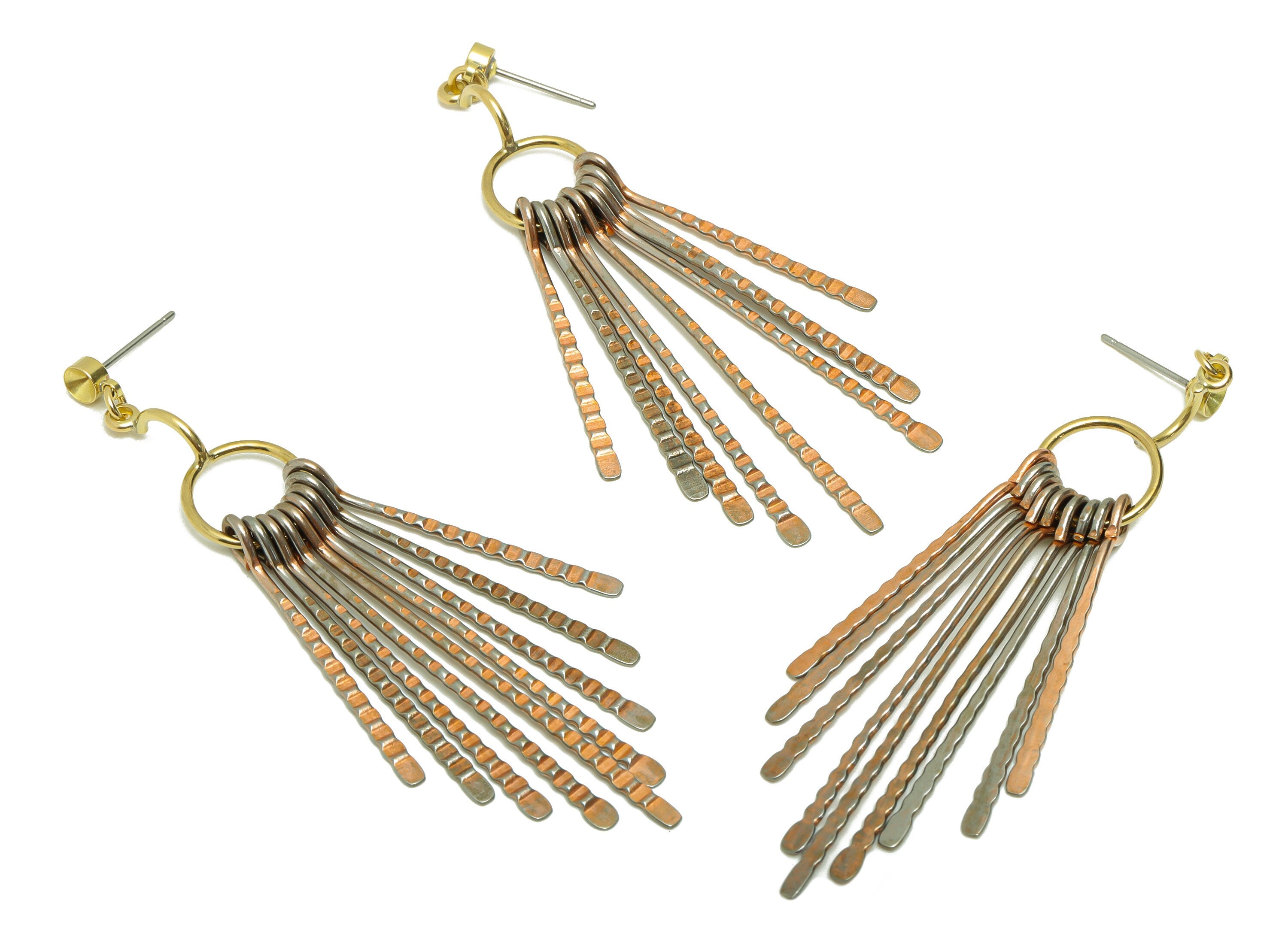 Textured Wires Tassel Earring - Iron Hammered 9 Brass Wires Post - Textured Hang Wires Stud - Stud For Diamond - 74.04x12.09x1.20mm- PP8898 - DOMEDBAZAAR