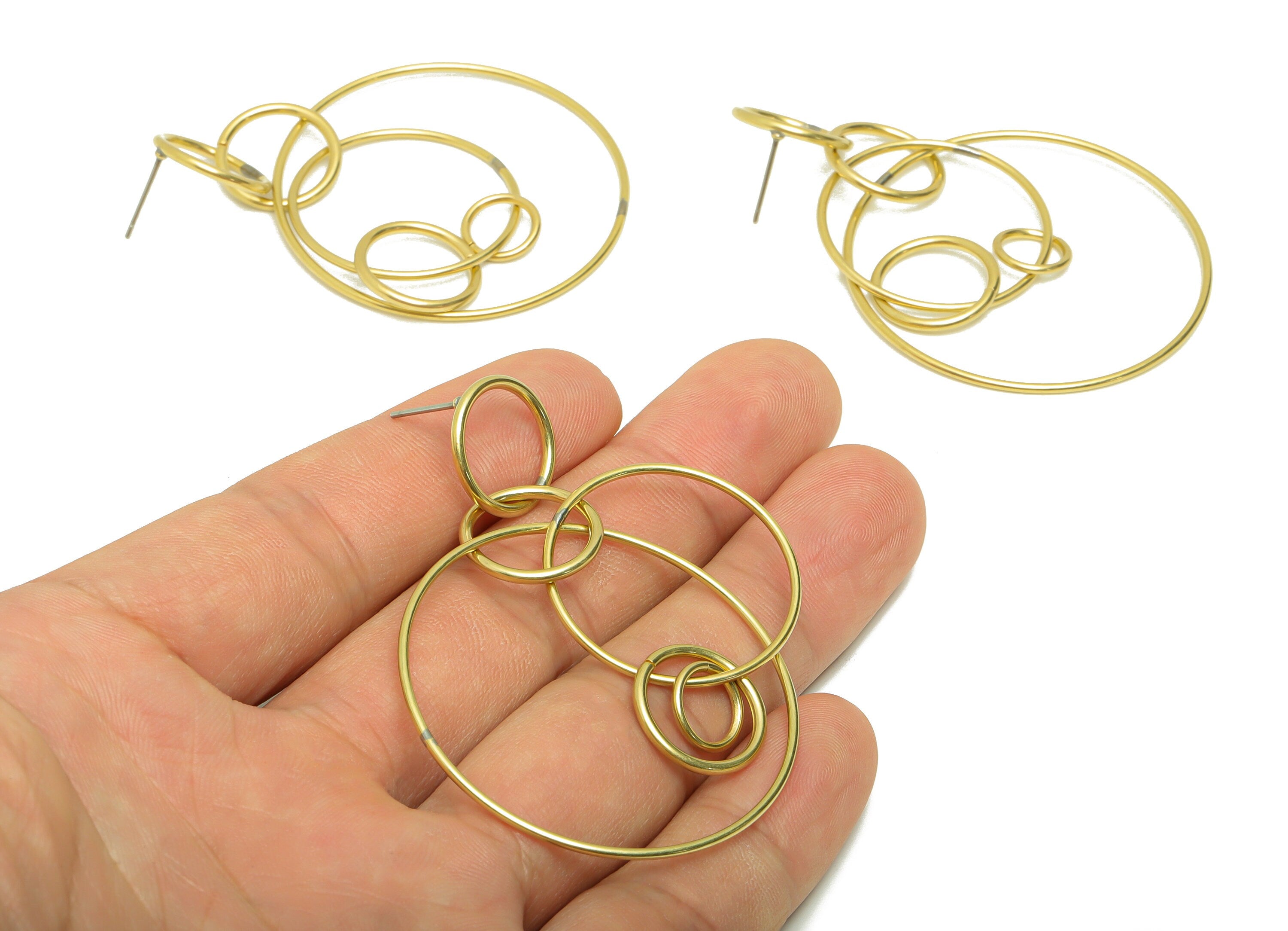Brass Round Dangle Earring Post - Brass Circle Earring Stud - Brass Ring Charms - Geometry Link Earring Post - 60.05x42.45x1.20mm- PP8894 - DOMEDBAZAAR