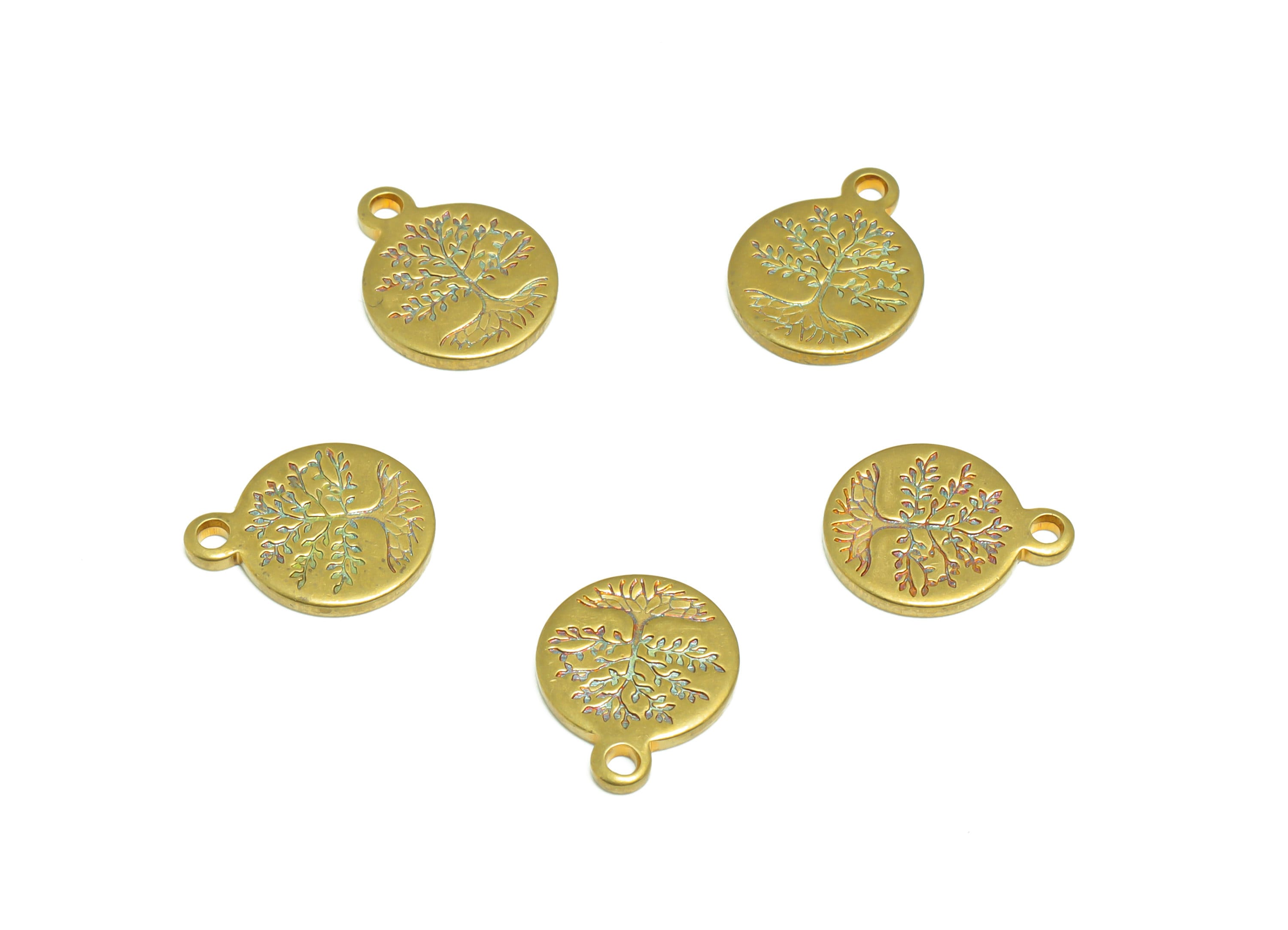 Brass Round Tree Earring Charms - Raw Brass Tree Engraved Pendant - DIY Jewelry Making Supplies - 12.51x9.98x1.17mm - PP4965 - DOMEDBAZAAR