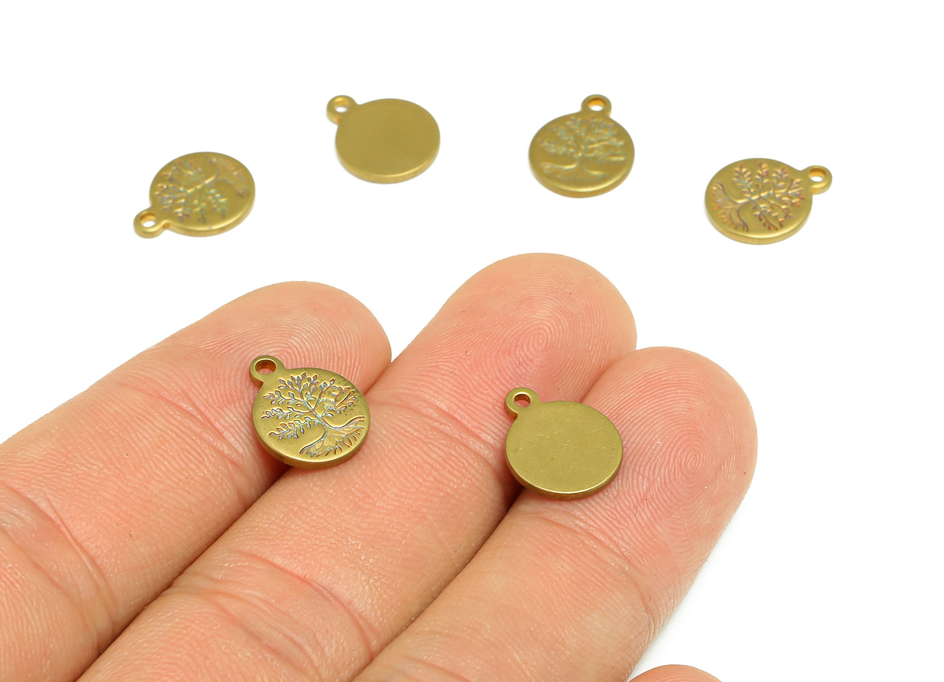 Brass Round Tree Earring Charms - Raw Brass Tree Engraved Pendant - DIY Jewelry Making Supplies - 12.51x9.98x1.17mm - PP4965 - DOMEDBAZAAR