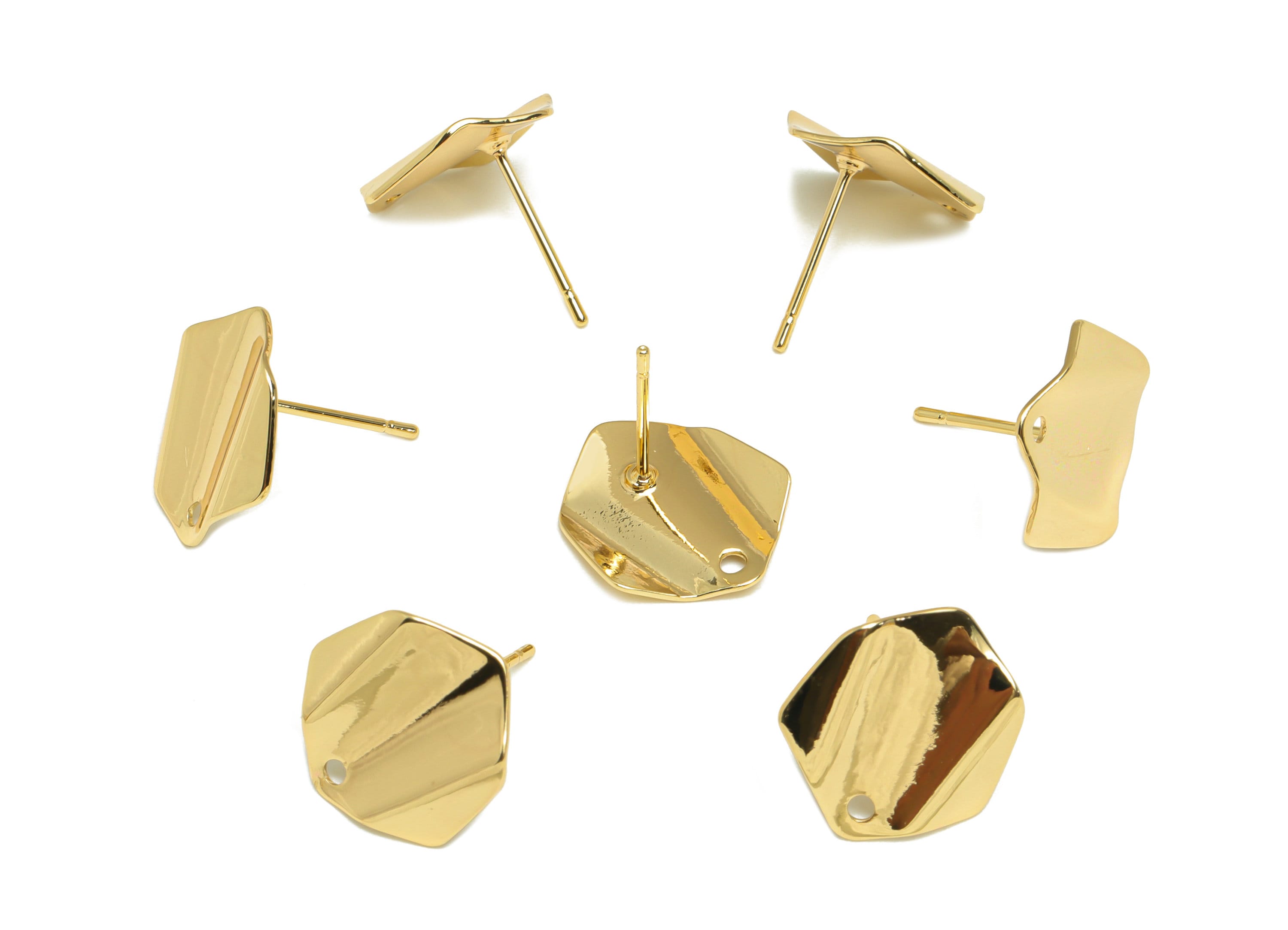 Brass Hexagon Earring Stud - Brass Hexagon Earring Post - Brass Wavy Geometry Earring Post - 18K Real Gold Plating - 14.5x13x0.73mm- RGP7069 - DOMEDBAZAAR