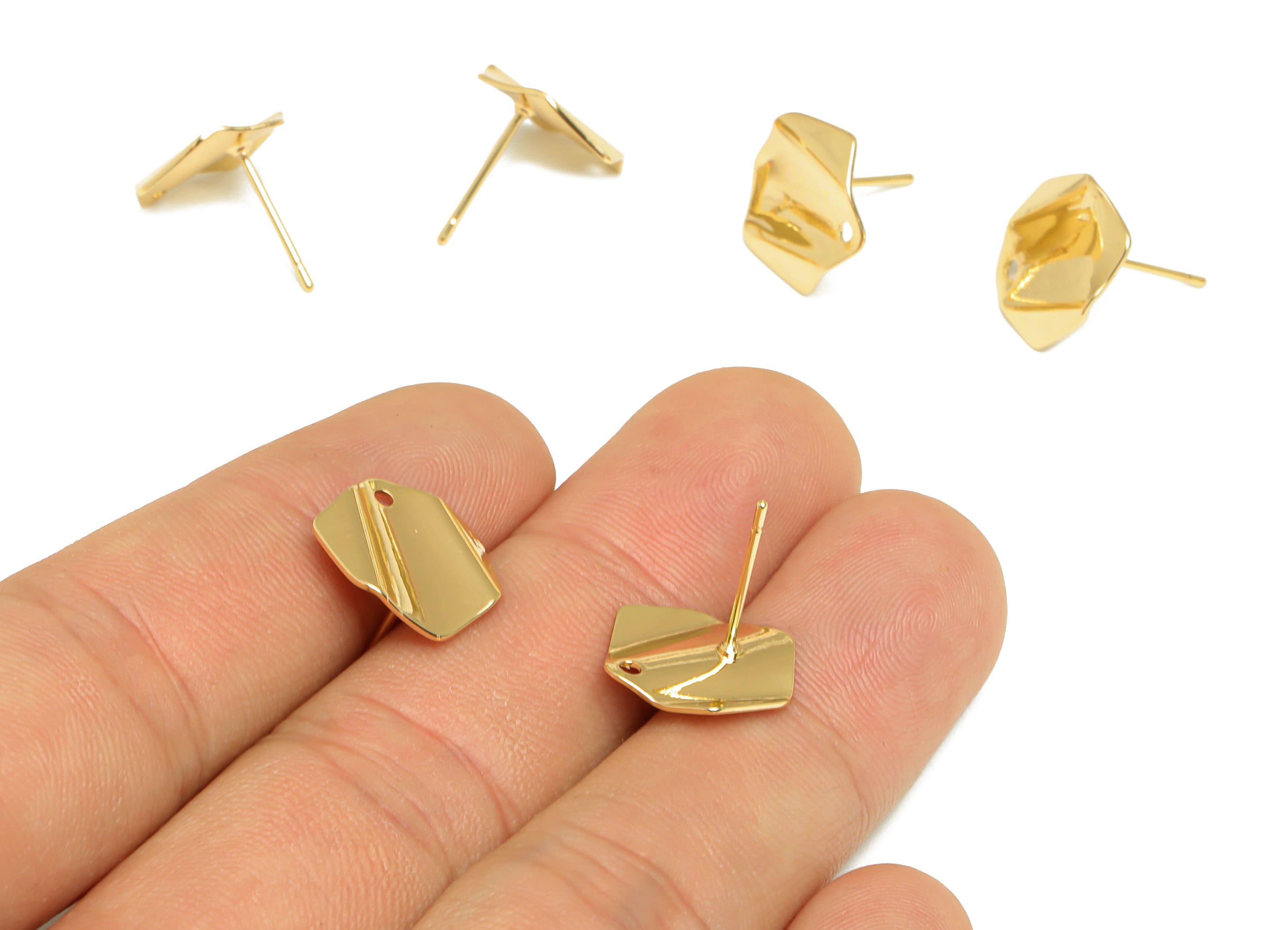 Brass Hexagon Earring Stud - Brass Hexagon Earring Post - Brass Wavy Geometry Earring Post - 18K Real Gold Plating - 14.5x13x0.73mm- RGP7069 - DOMEDBAZAAR