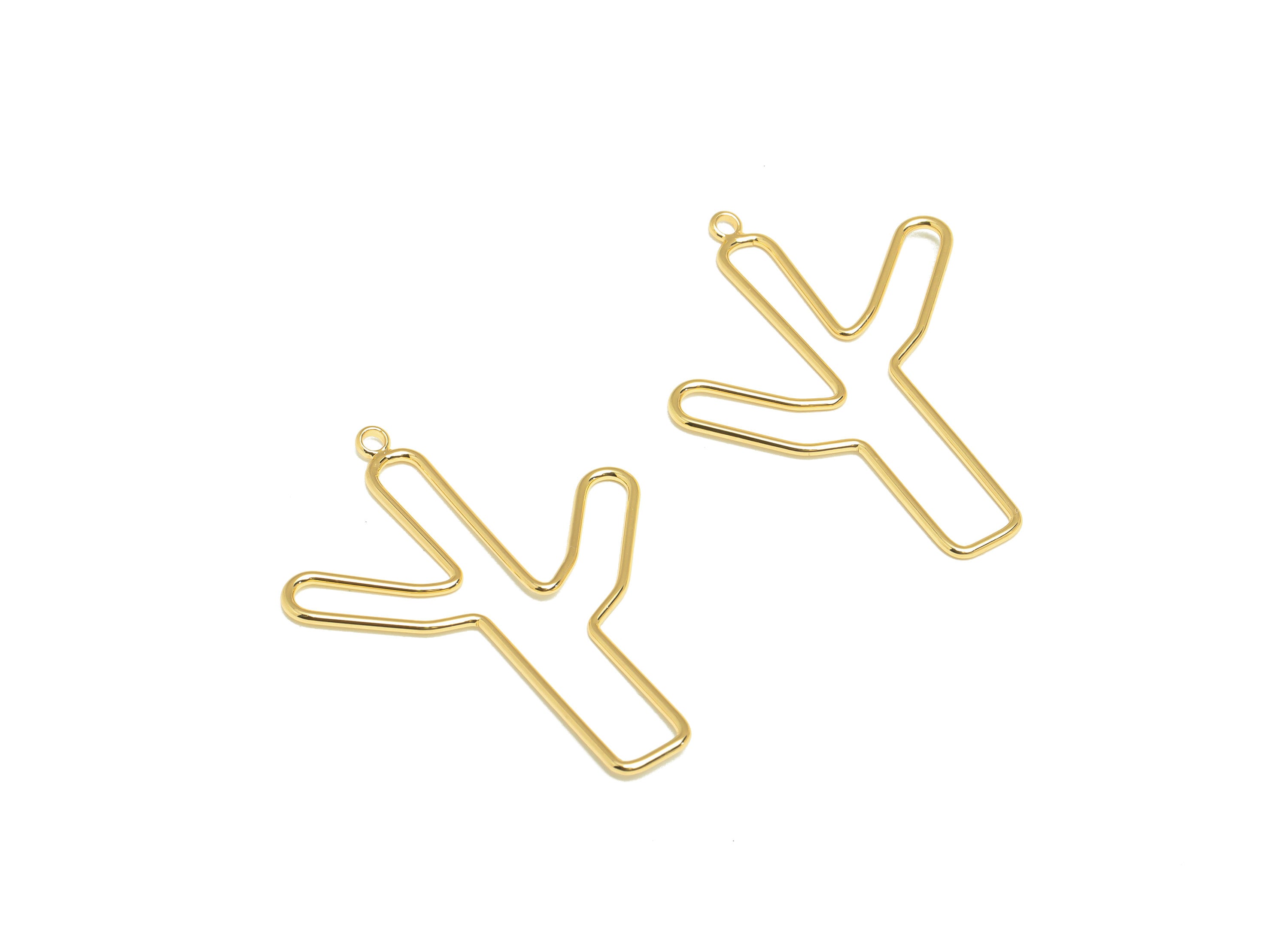 Brass Cactus Wire Earring Charm - Brass line Cactus Charm - Brass Botanical Earring Charm - 18K Real Gold Plated - 44x32.06x1.18mm - RGP7061 - DOMEDBAZAAR