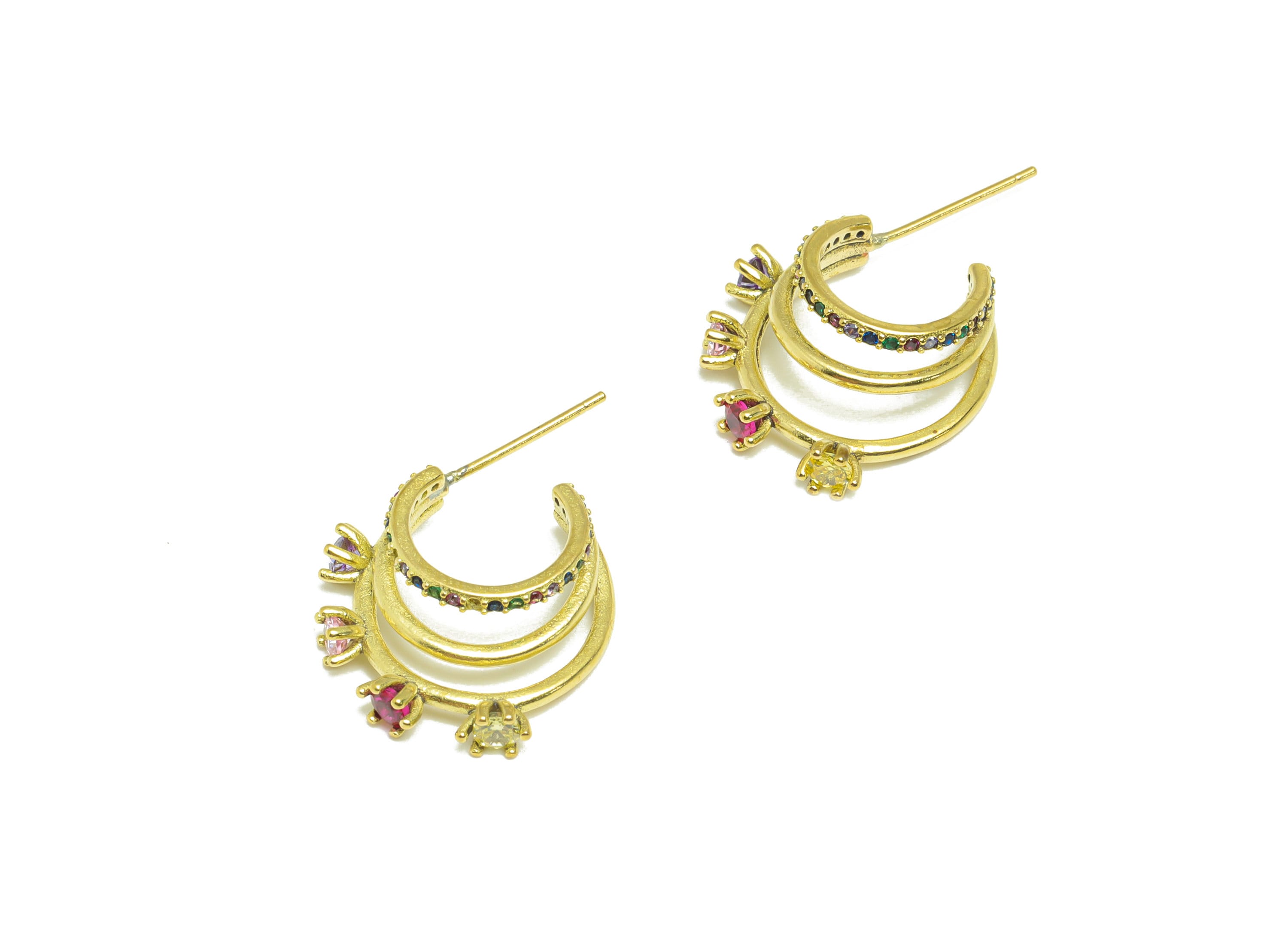 Brass C Hoop Earring Stud - Raw Brass Zircon Earring Post - Rainbow Cubic Zircon Earring Post - Open Hoop 3 Earring Post - 27x17x3mm- PP8999 - DOMEDBAZAAR