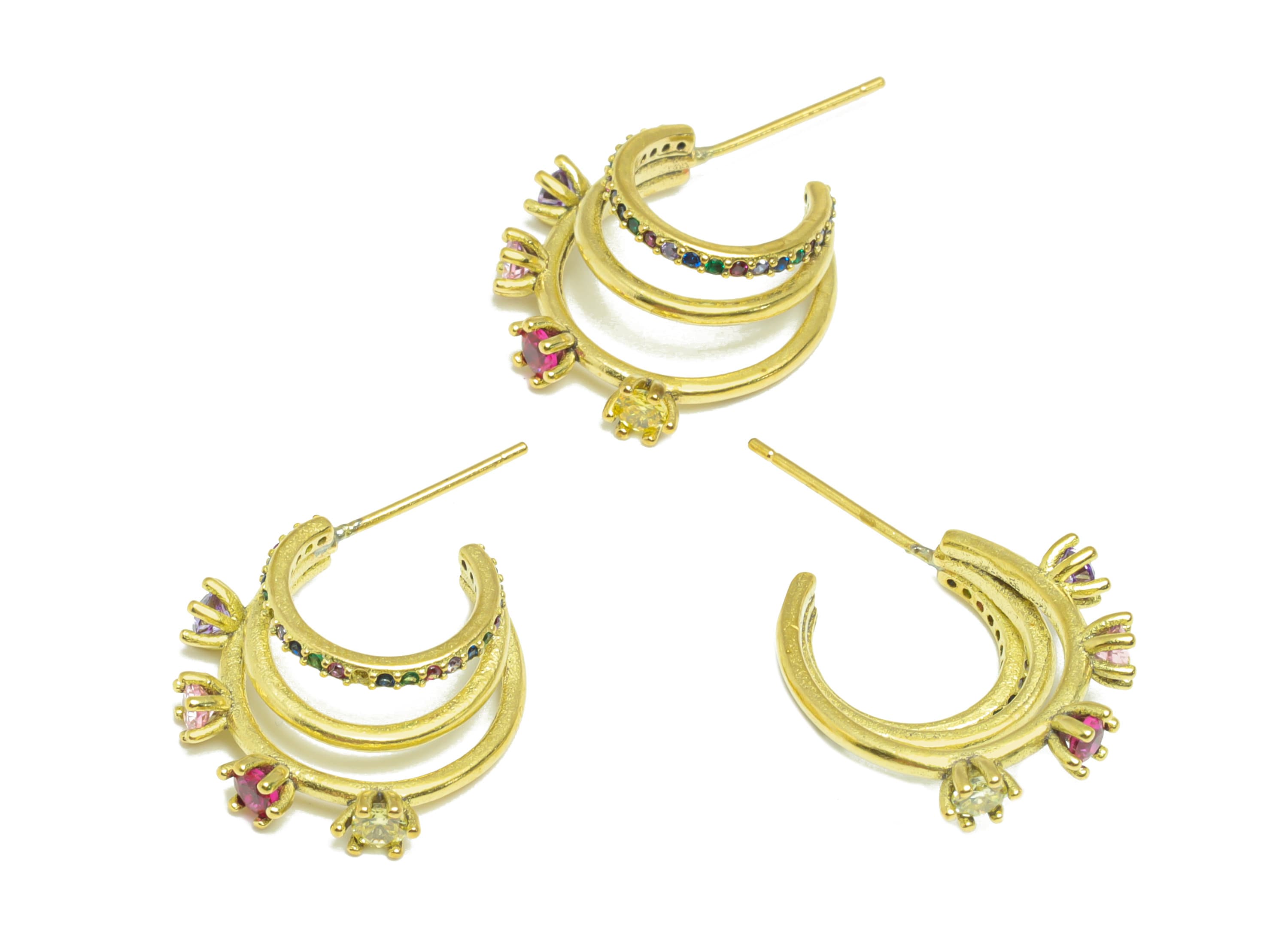 Brass C Hoop Earring Stud - Raw Brass Zircon Earring Post - Rainbow Cubic Zircon Earring Post - Open Hoop 3 Earring Post - 27x17x3mm- PP8999 - DOMEDBAZAAR