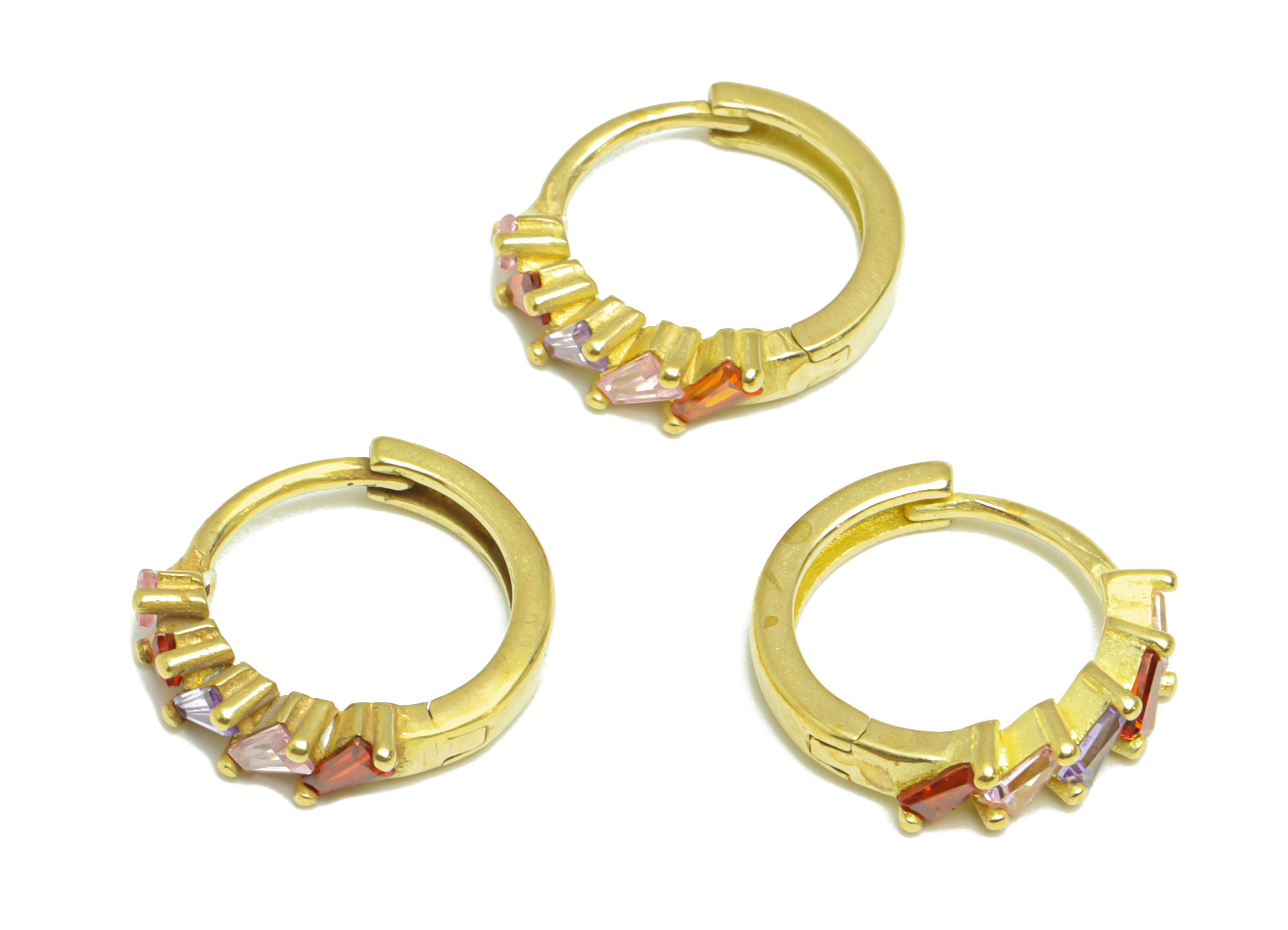 Brass Huggie Hoop Earring - Brass Clasp Hoop Earring - Rainbow Cubic Zircon Hoop Earring - Trapezoid Hoop Earring - 14x13.3mx 3.5mm- PP8998 - DOMEDBAZAAR