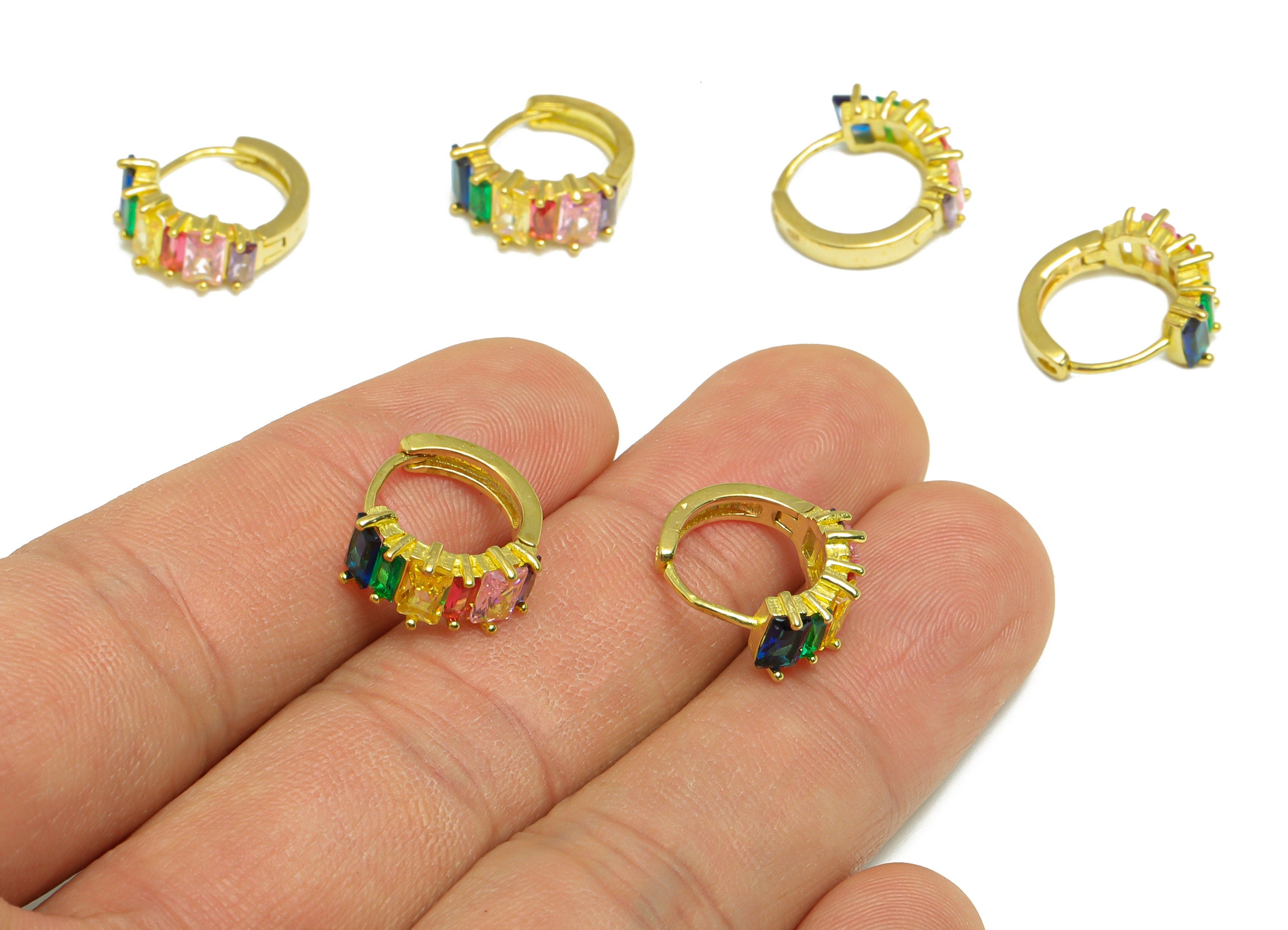 Brass Huggie Hoop Earring - Brass Zircon Clasp Hoop Earring - Rainbow Cubic Zircon Hoop Earring - Rectangle Hoop Earring - 14x13x6mm- PP9002 - DOMEDBAZAAR