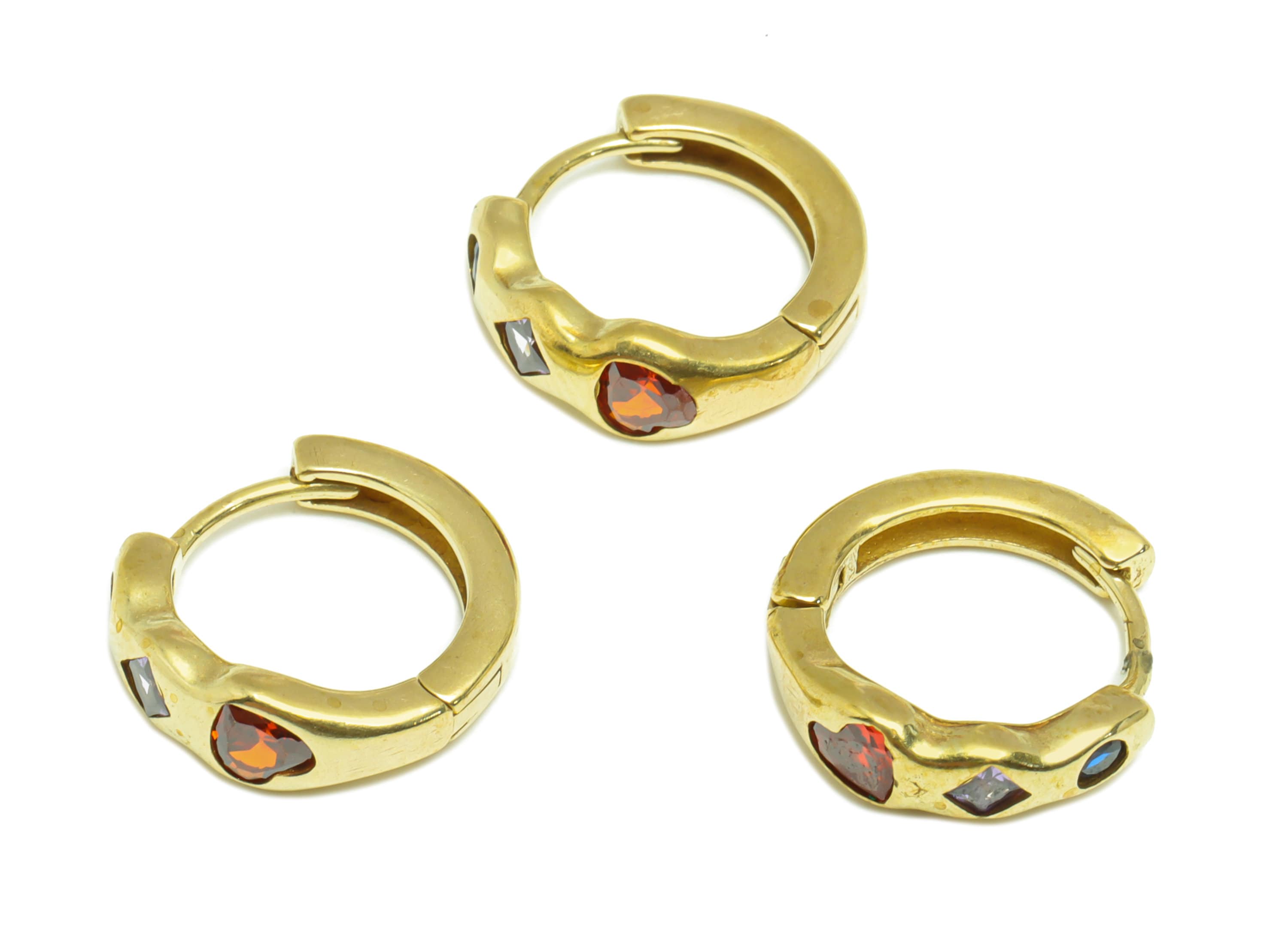 Brass Huggie Hoop Earring - Brass Heart Clasp Hoop Earring - Wavy Square Hoop Earring - Rainbow Zircon Hoop Earring - 16x14x4mm - PP9004 - DOMEDBAZAAR