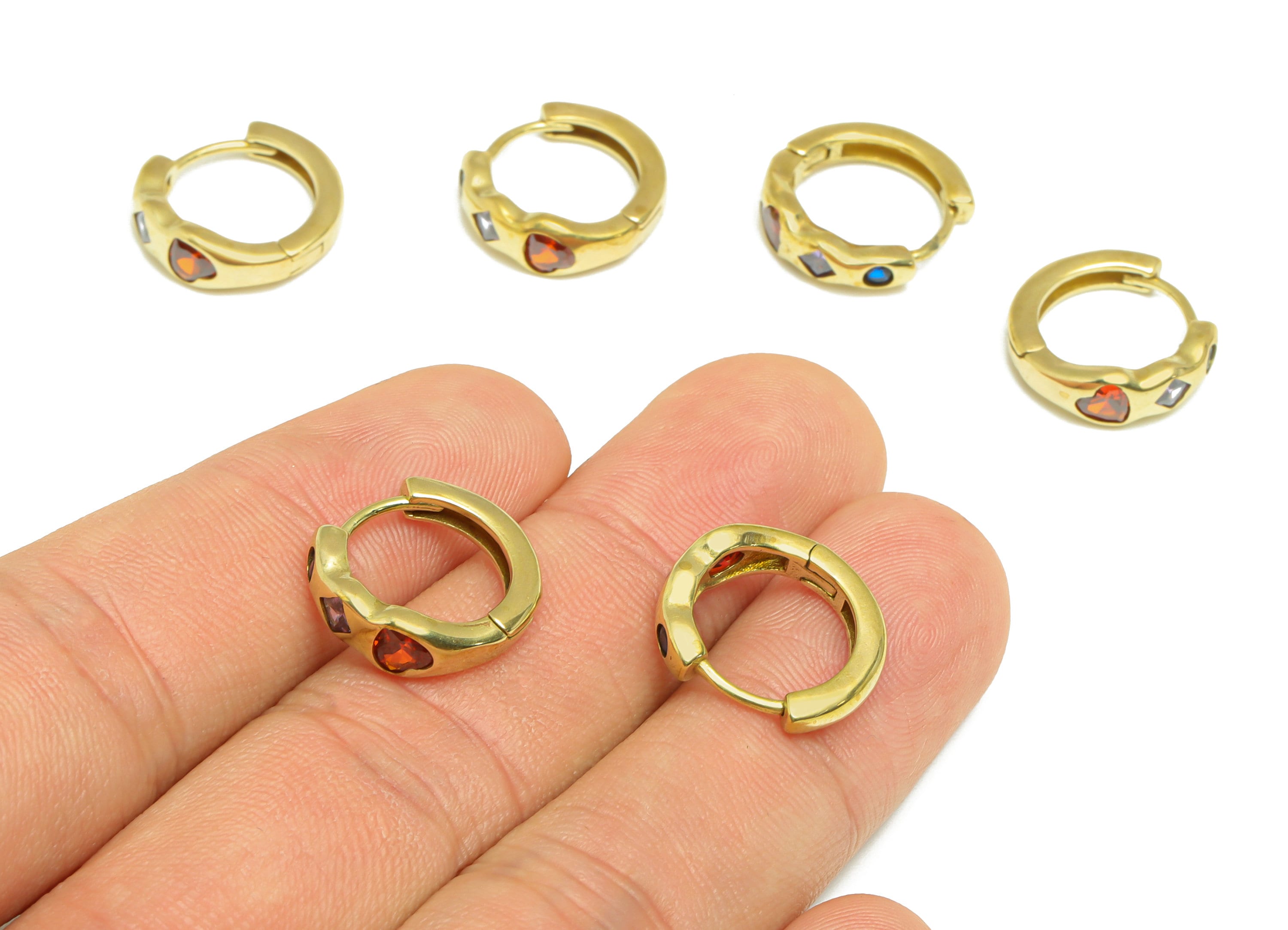 Brass Huggie Hoop Earring - Brass Heart Clasp Hoop Earring - Wavy Square Hoop Earring - Rainbow Zircon Hoop Earring - 16x14x4mm - PP9004 - DOMEDBAZAAR