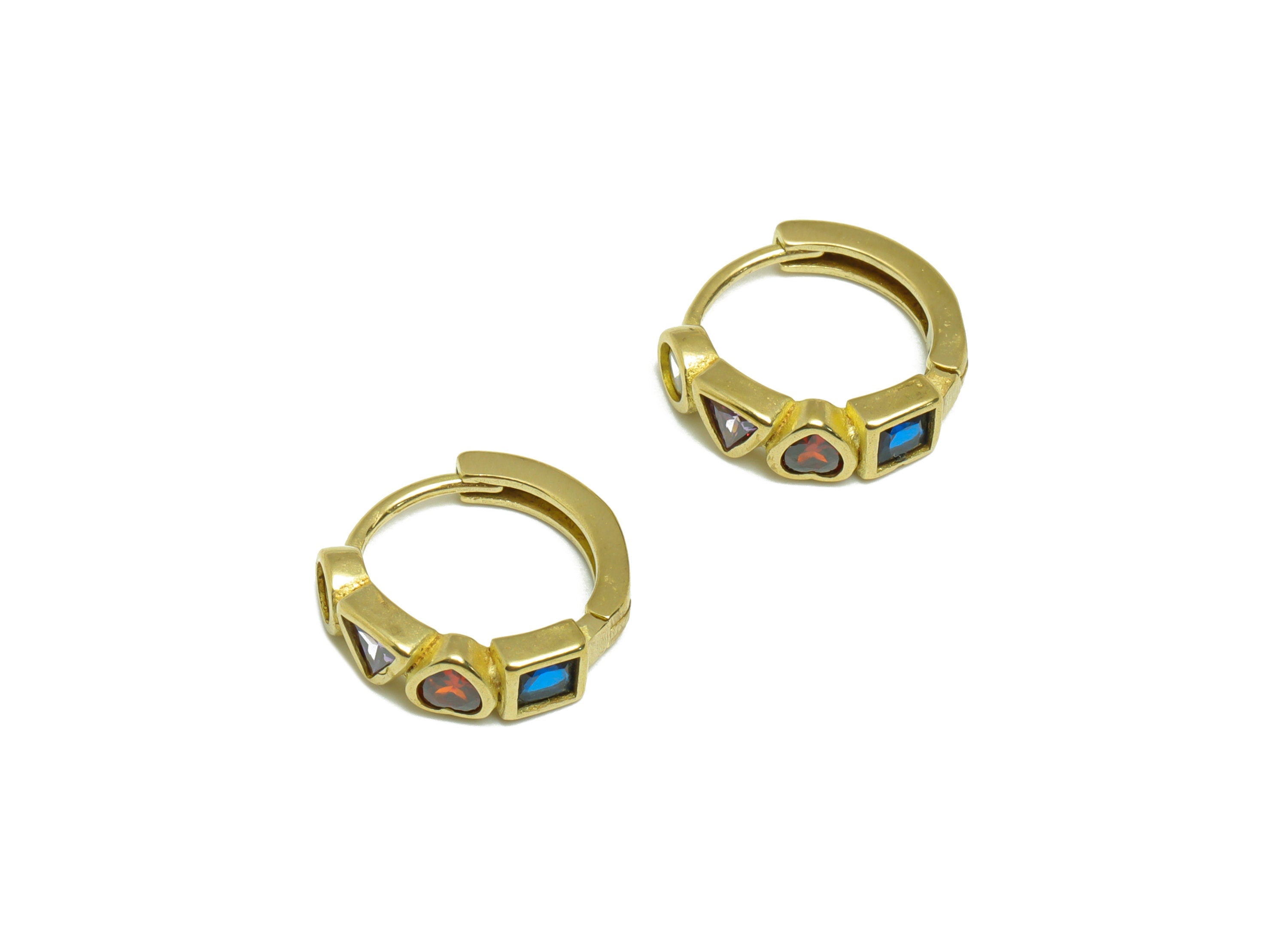 Brass Huggie Hoop Earring - Brass Heart Clasp Hoop Earring - Wavy Geometry Hoop Earring - Rainbow Zircon Hoop Earring - 14x13x4mmmm - PP9006 - DOMEDBAZAAR