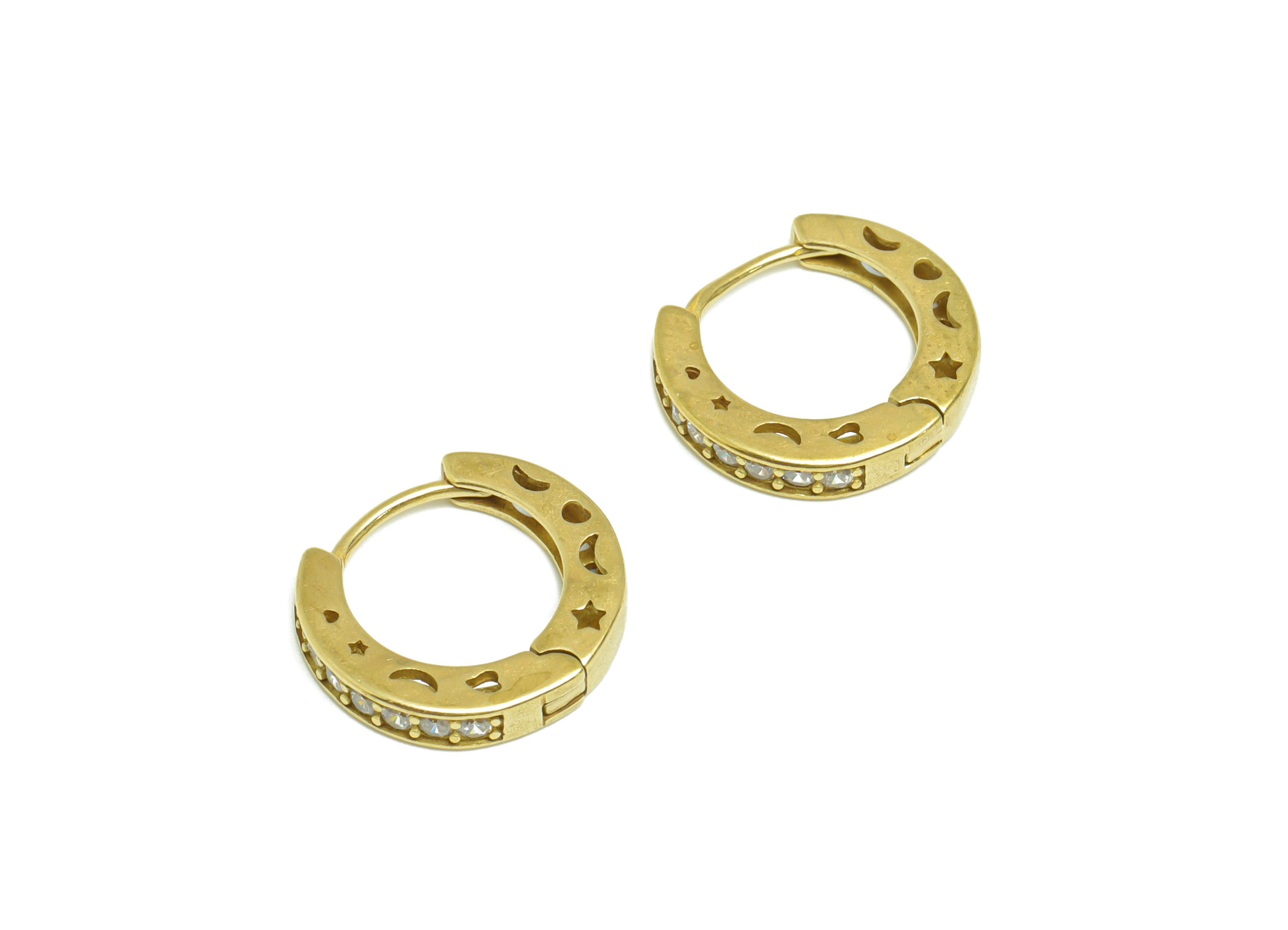 Brass Hoop Huggie  Earring - Brass Crescent Clasp Hoop Earring - Wavy Star Hoop Earring - Heart Zircon Hoop Earring - 16x14x3mm - PP9007 - DOMEDBAZAAR