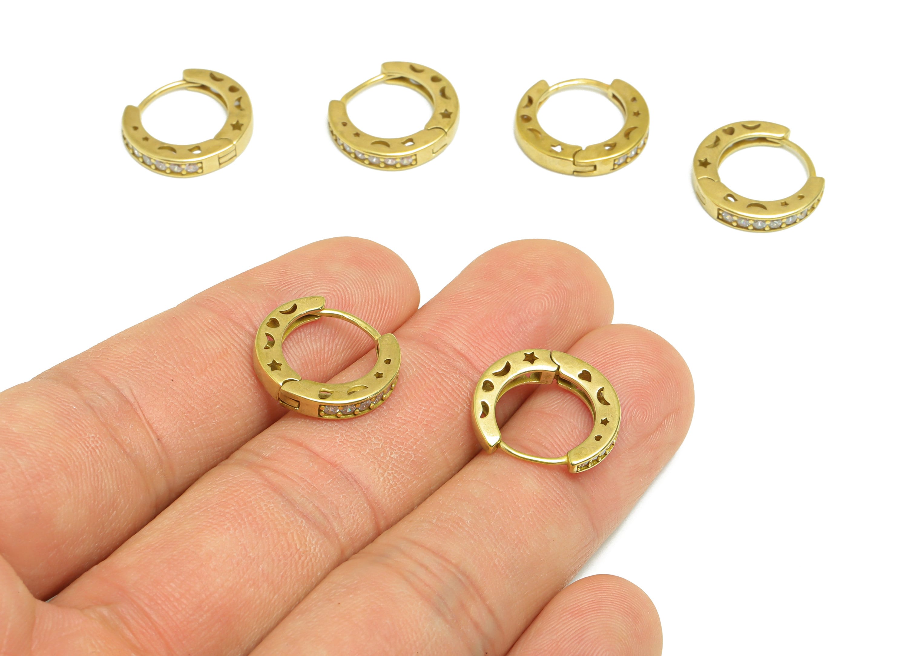 Brass Hoop Huggie  Earring - Brass Crescent Clasp Hoop Earring - Wavy Star Hoop Earring - Heart Zircon Hoop Earring - 16x14x3mm - PP9007 - DOMEDBAZAAR
