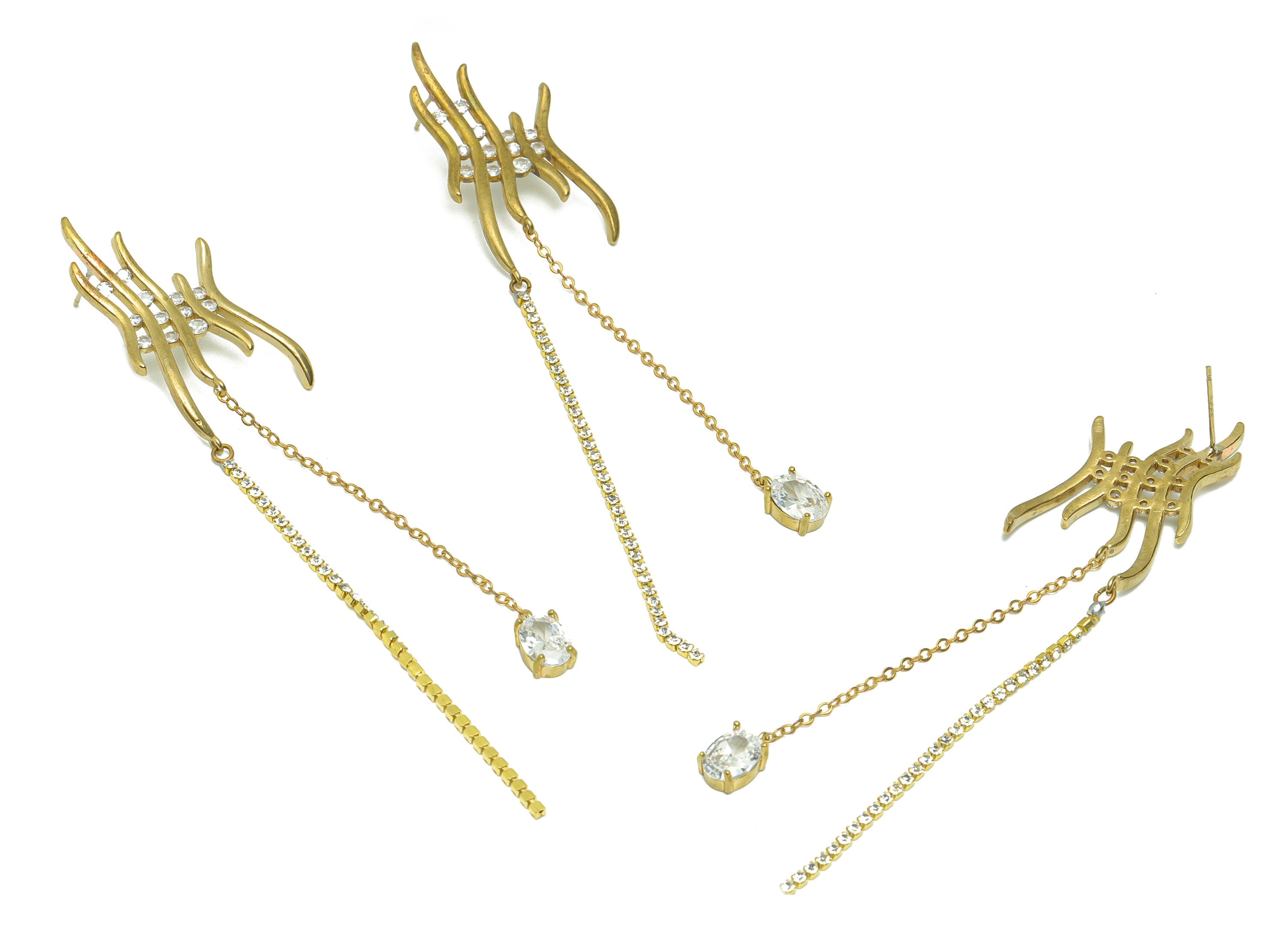 Brass Tassel Chain Earring Stud - Raw Brass Zircon Earring Post - Wavy Tassel Earring Post - Zircon Stick Dangle Earring - 108x19x3mm-PP9261 - DOMEDBAZAAR