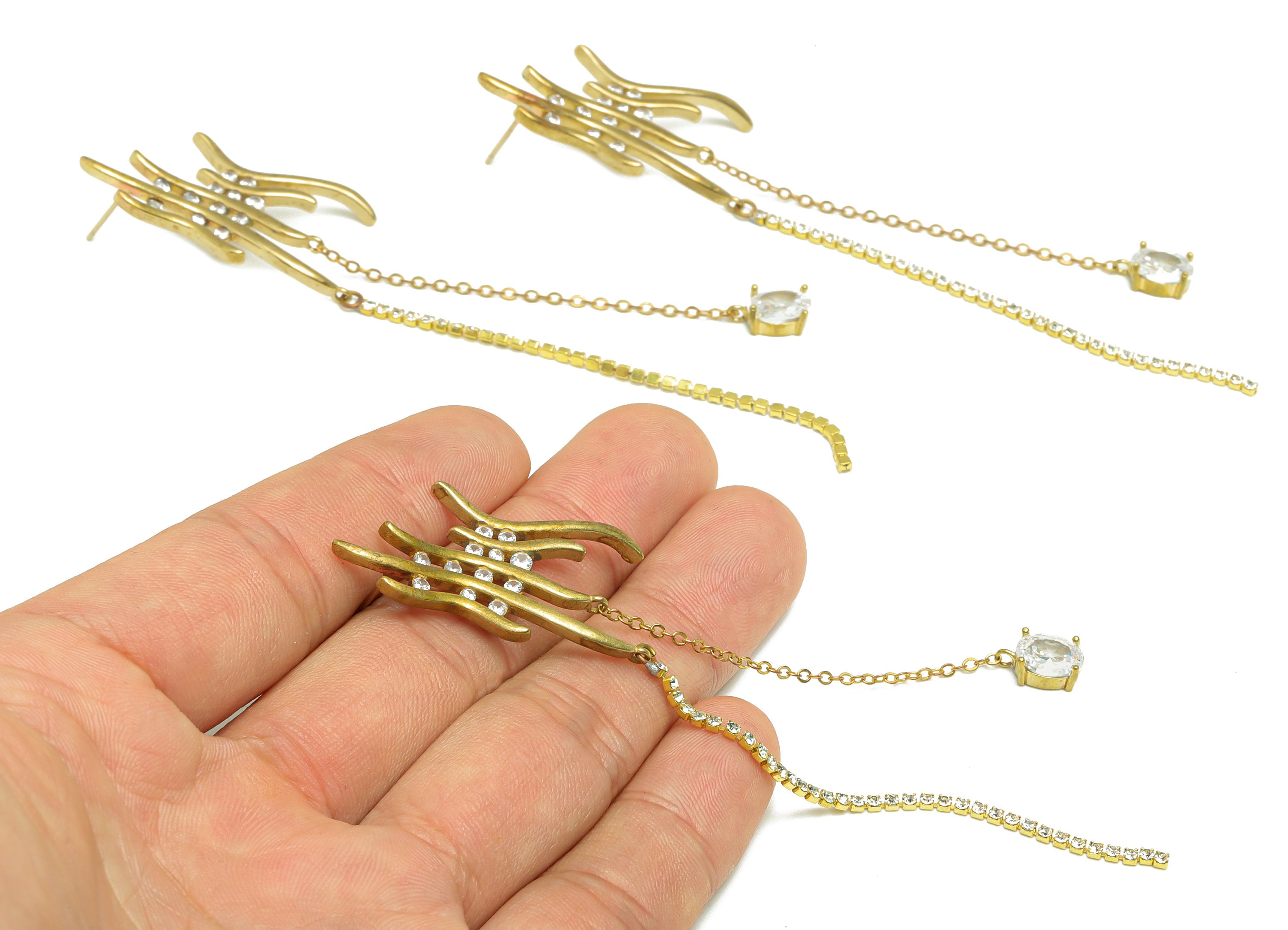 Brass Tassel Chain Earring Stud - Raw Brass Zircon Earring Post - Wavy Tassel Earring Post - Zircon Stick Dangle Earring - 108x19x3mm-PP9261 - DOMEDBAZAAR