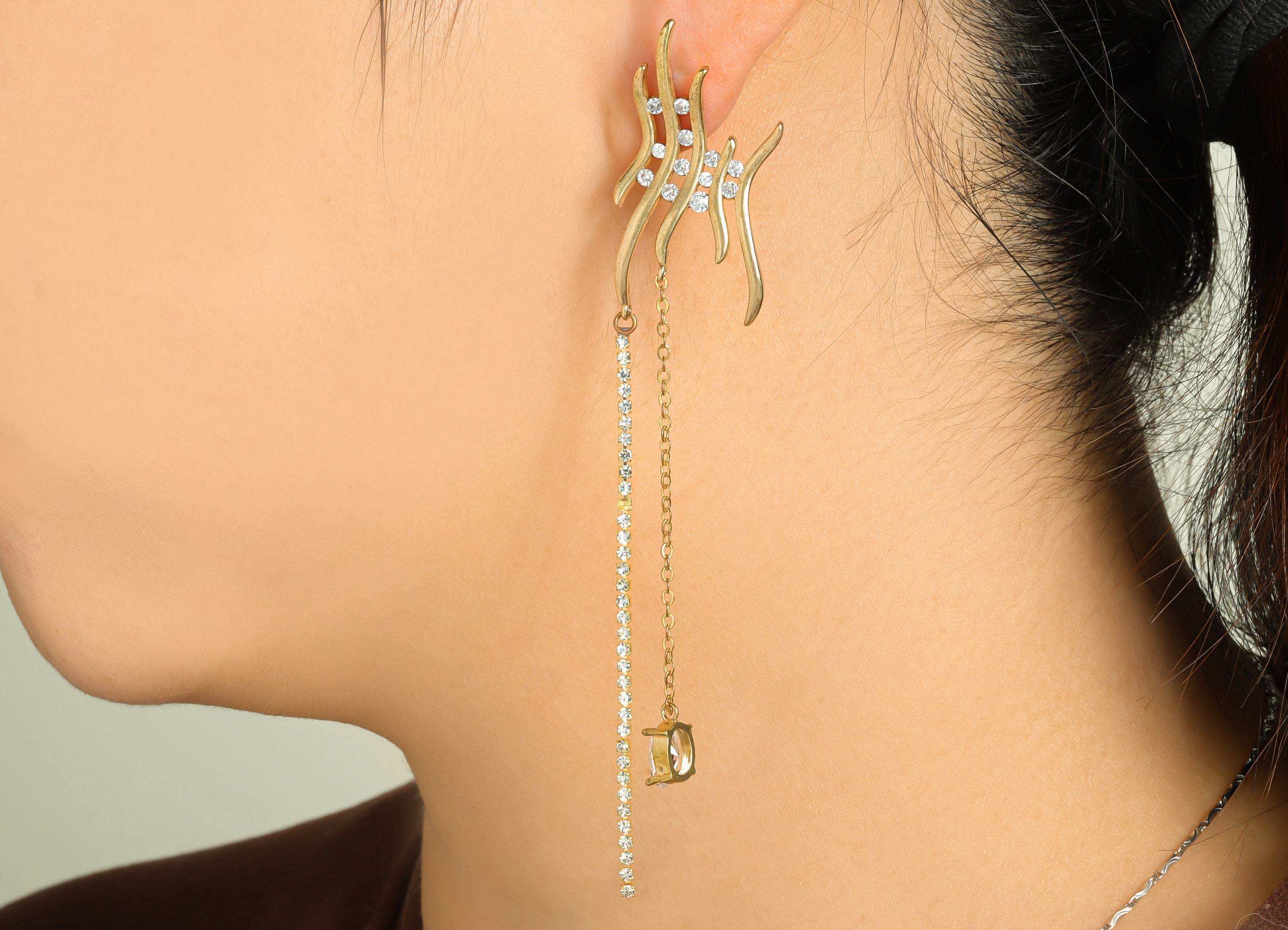 Brass Tassel Chain Earring Stud - Raw Brass Zircon Earring Post - Wavy Tassel Earring Post - Zircon Stick Dangle Earring - 108x19x3mm-PP9261 - DOMEDBAZAAR