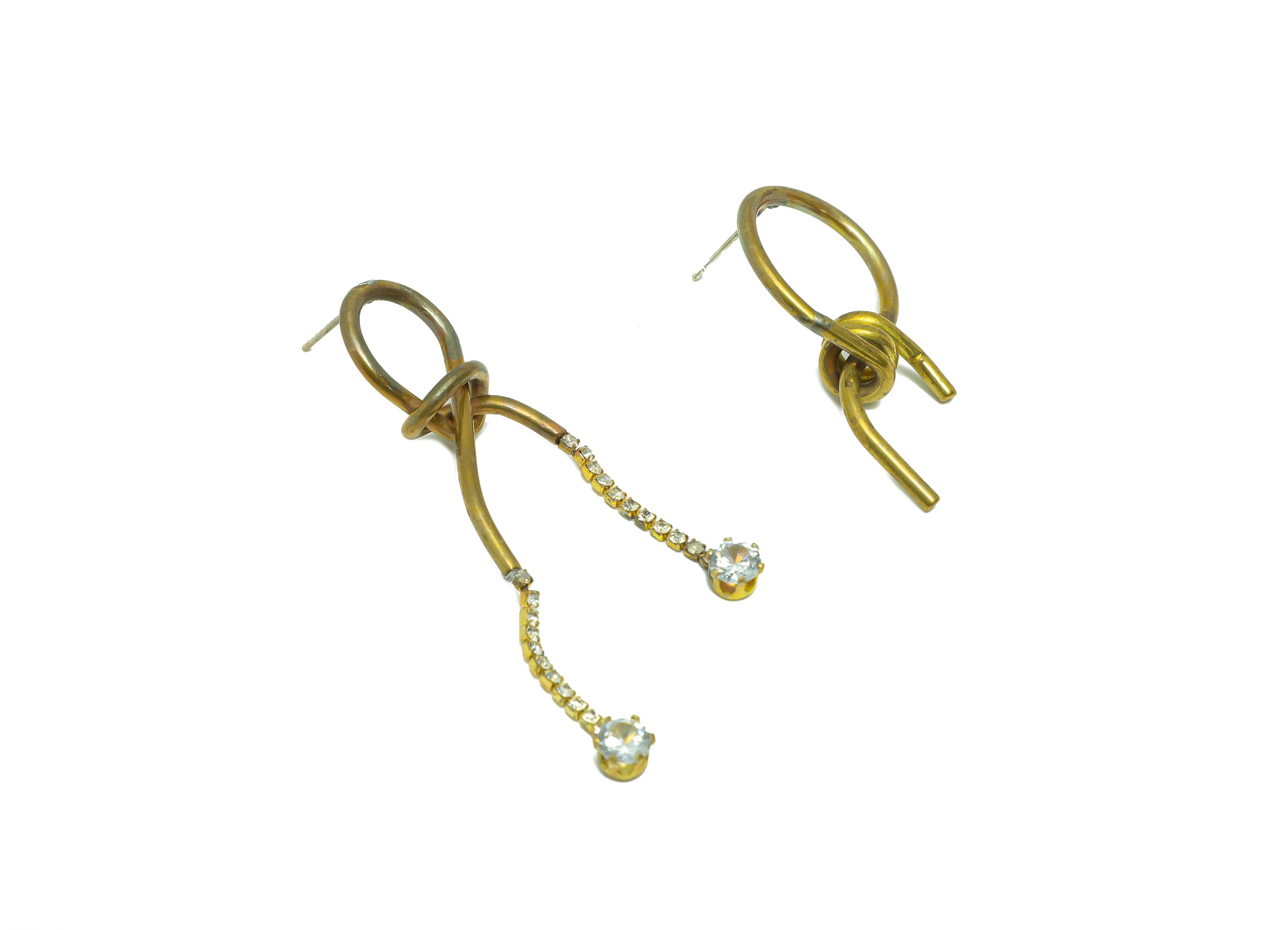 Brass Wire Dangle Earring Stud - Raw Brass Zircon Knot Tassel Earring Post - Round Twine Earring Post - Zircon Earring - 26x24x3mm - PP9235 - DOMEDBAZAAR
